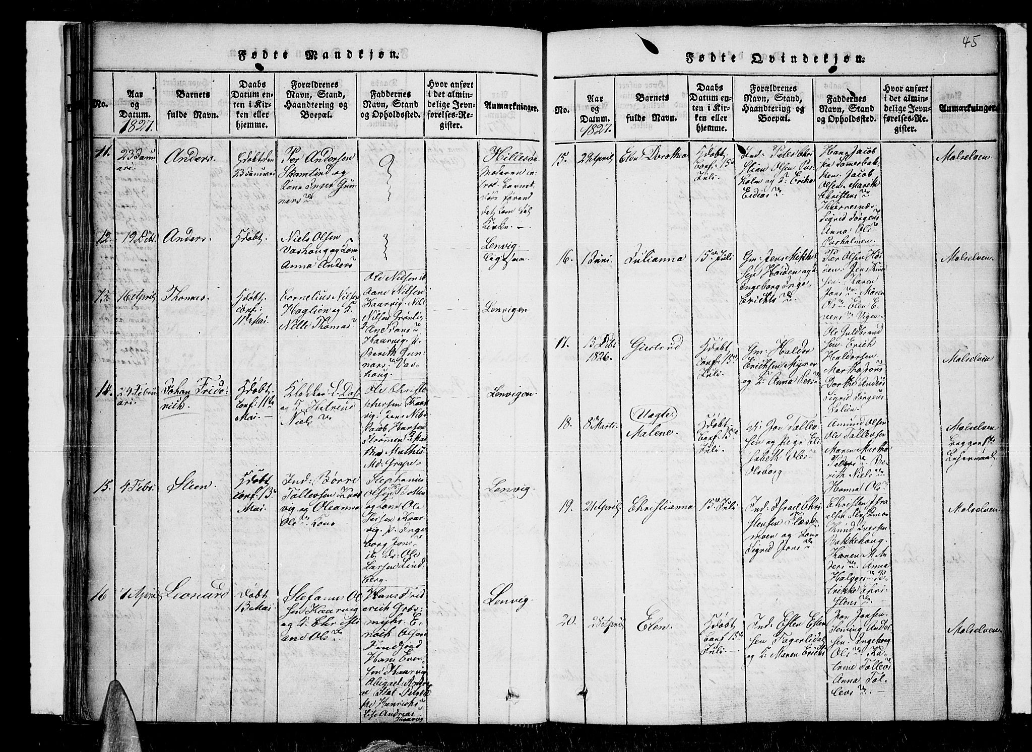 Lenvik sokneprestembete, SATØ/S-1310/H/Ha/Haa/L0003kirke: Parish register (official) no. 3, 1820-1831, p. 45