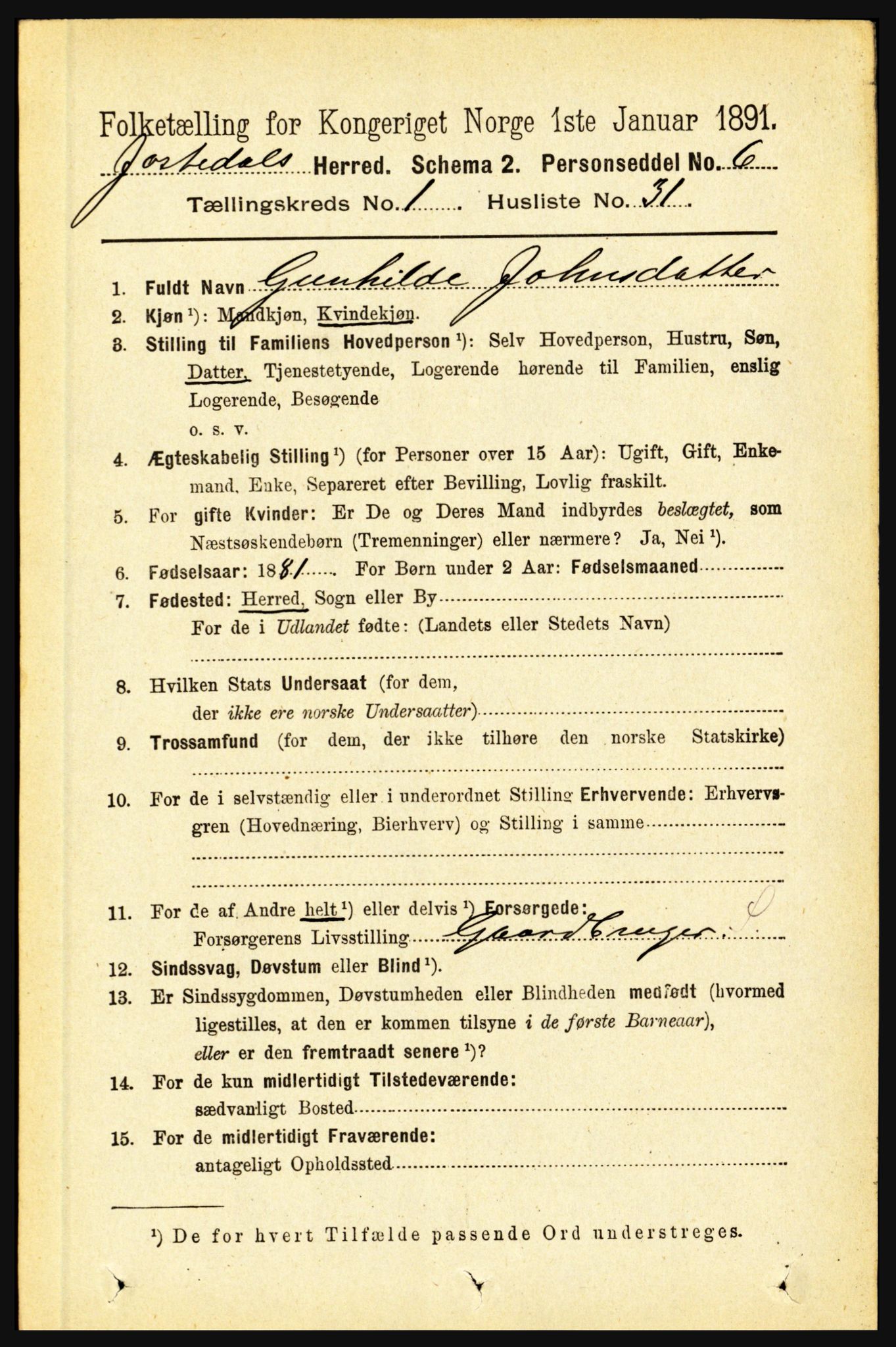 RA, 1891 census for 1427 Jostedal, 1891, p. 299