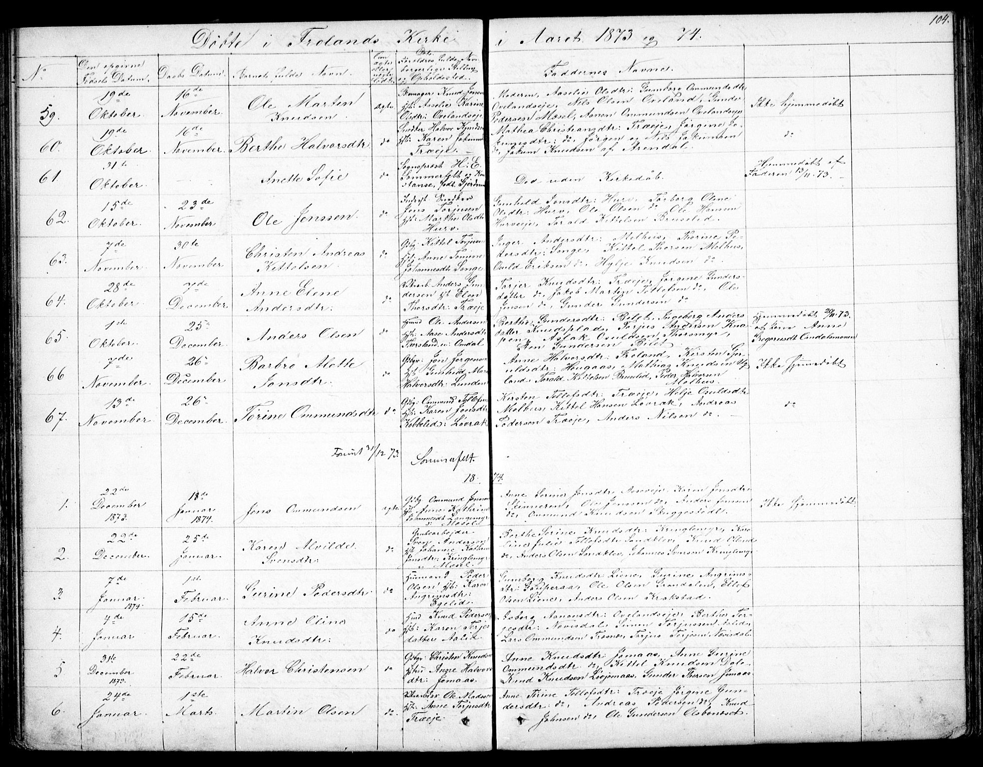 Froland sokneprestkontor, SAK/1111-0013/F/Fb/L0008: Parish register (copy) no. B 8, 1843-1875, p. 104