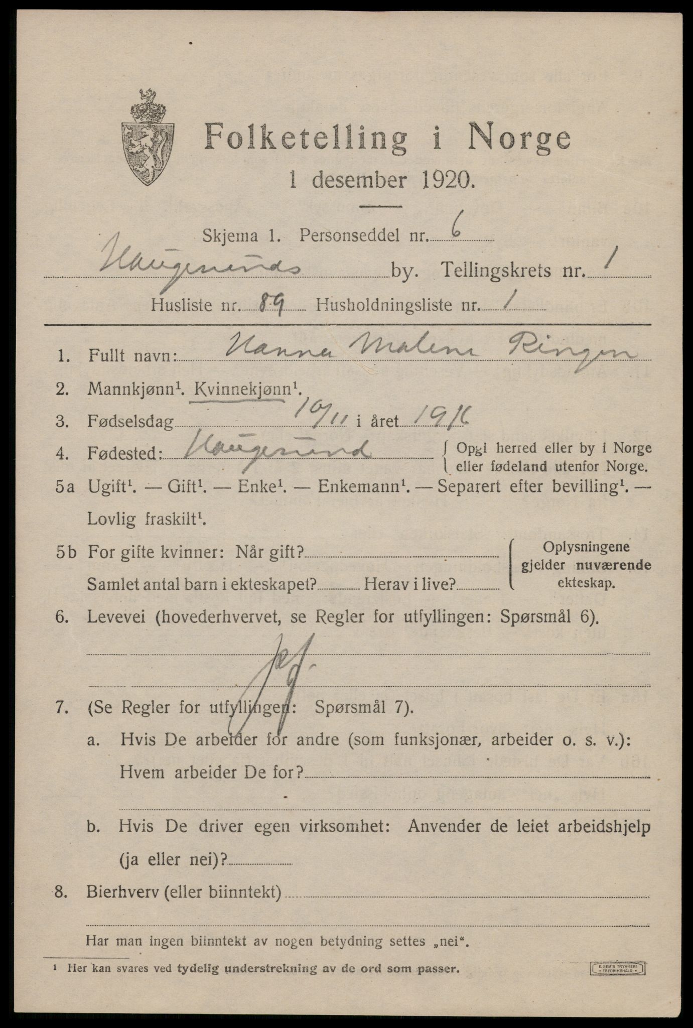 SAST, 1920 census for Haugesund, 1920, p. 12799