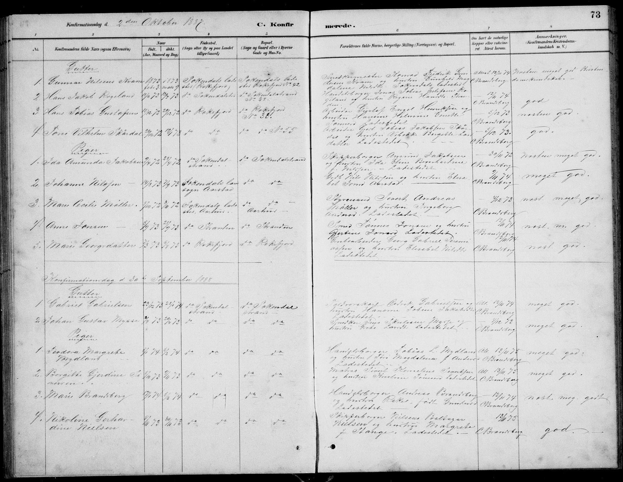 Sokndal sokneprestkontor, AV/SAST-A-101808: Parish register (copy) no. B 5, 1887-1934, p. 73