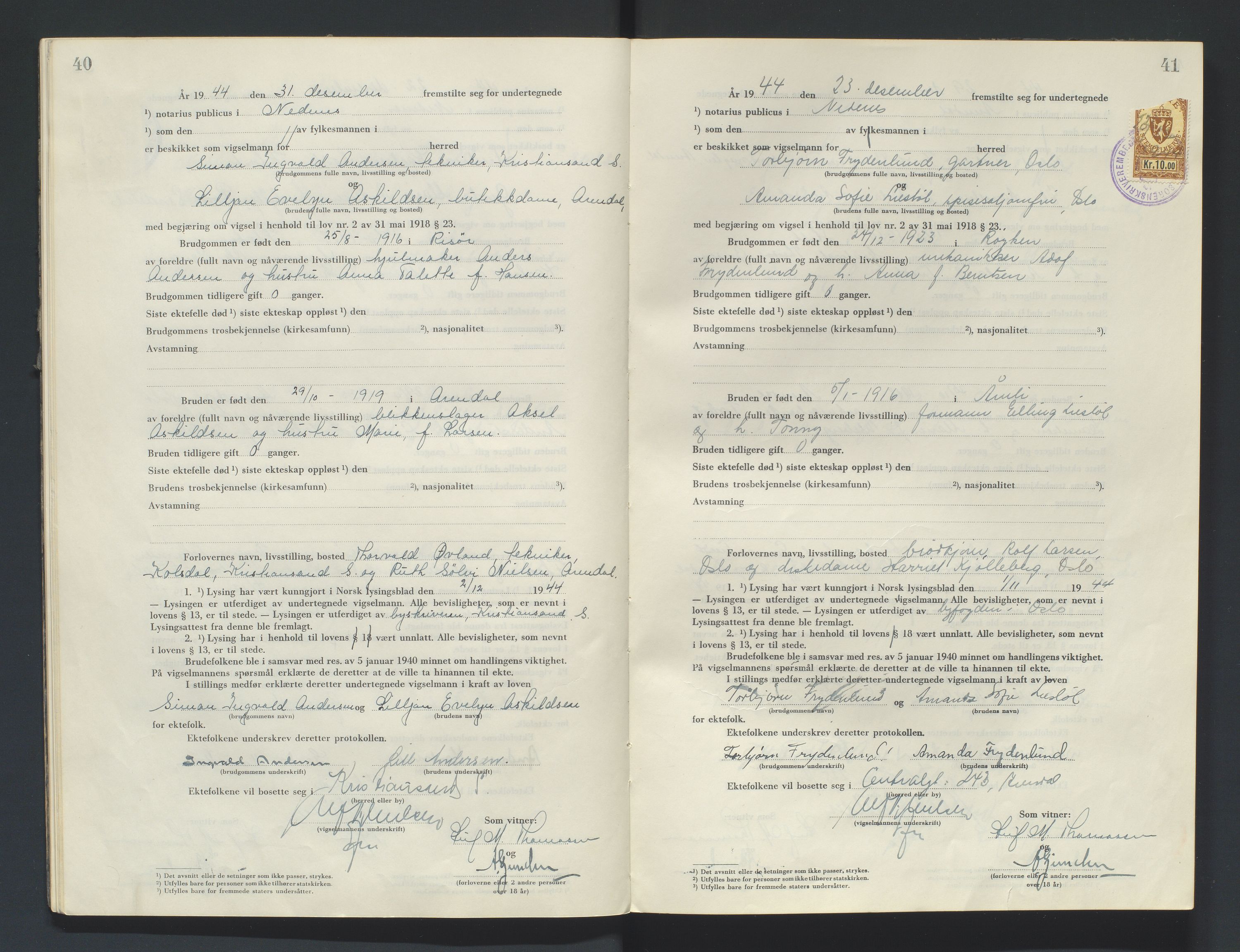 Nedenes sorenskriveri, SAK/1221-0006/L/Ld/L0002/0004: Vigselsbøker / Vigselbok, 1944-1948, p. 40-41