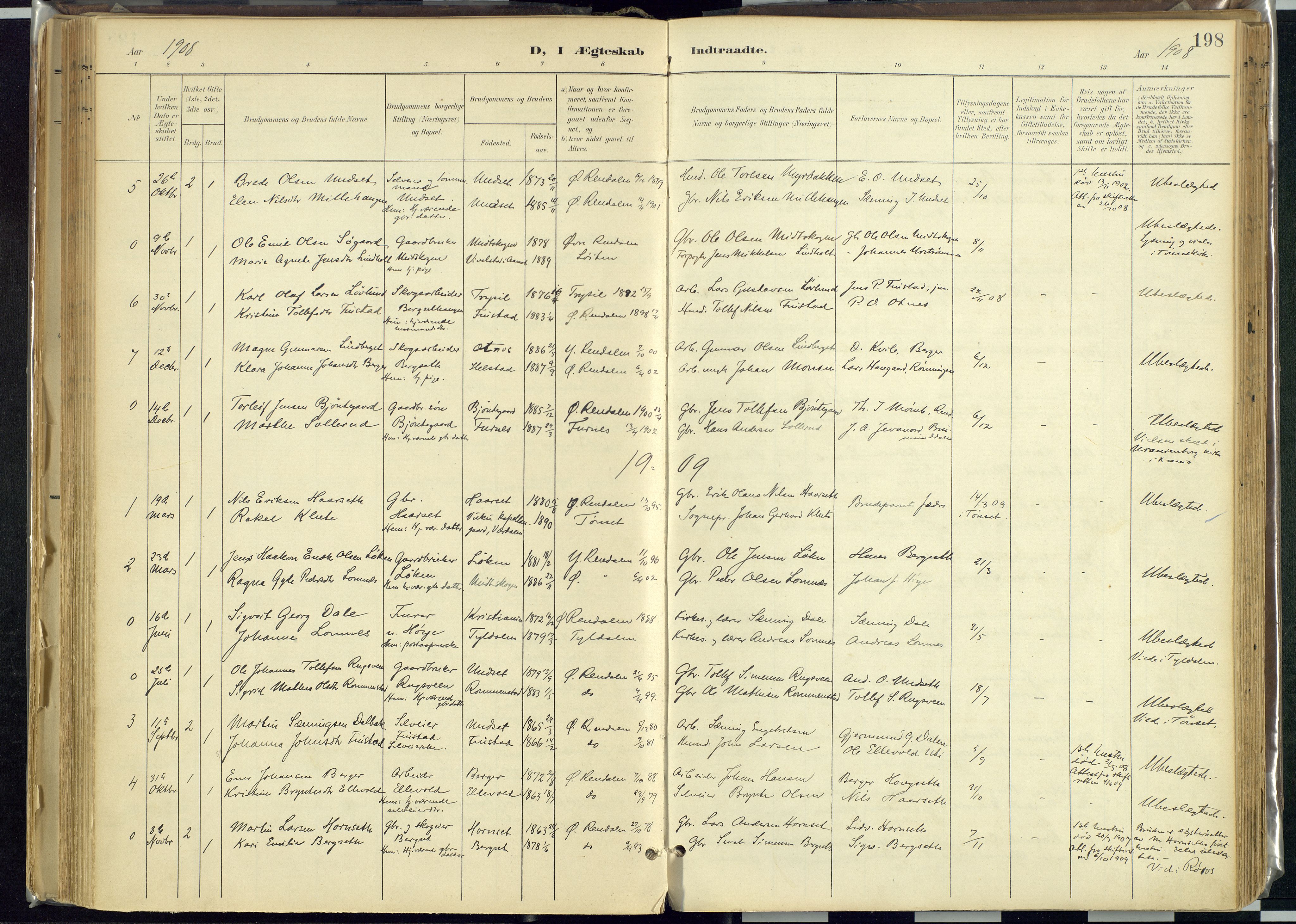 Rendalen prestekontor, SAH/PREST-054/H/Ha/Haa/L0012: Parish register (official) no. 12, 1901-1928, p. 198