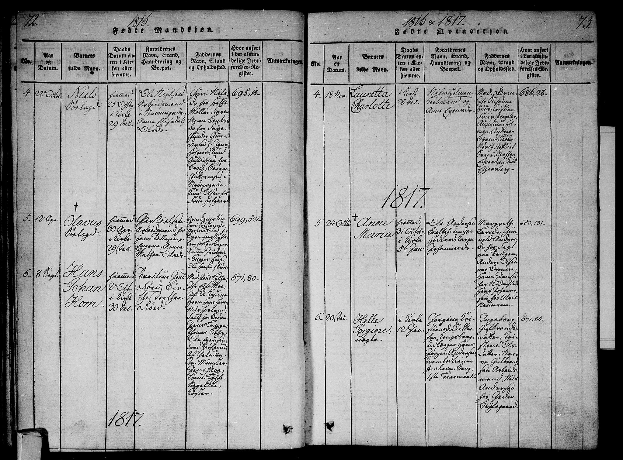 Bragernes kirkebøker, AV/SAKO-A-6/G/Ga/L0001: Parish register (copy) no. 1, 1815-1829, p. 72-73