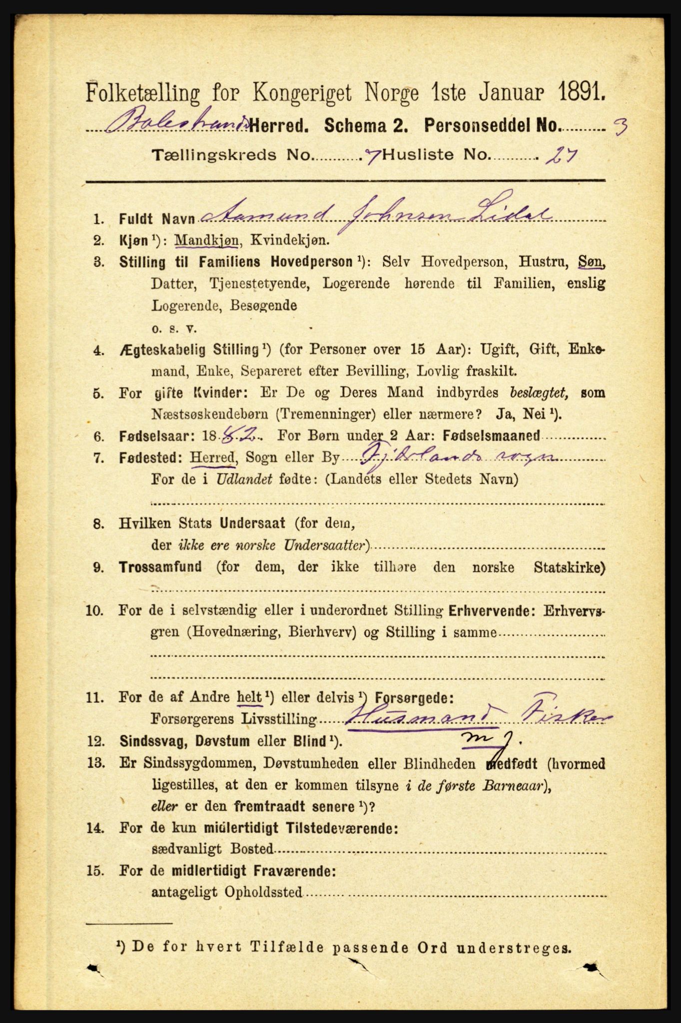 RA, 1891 census for 1418 Balestrand, 1891, p. 1674