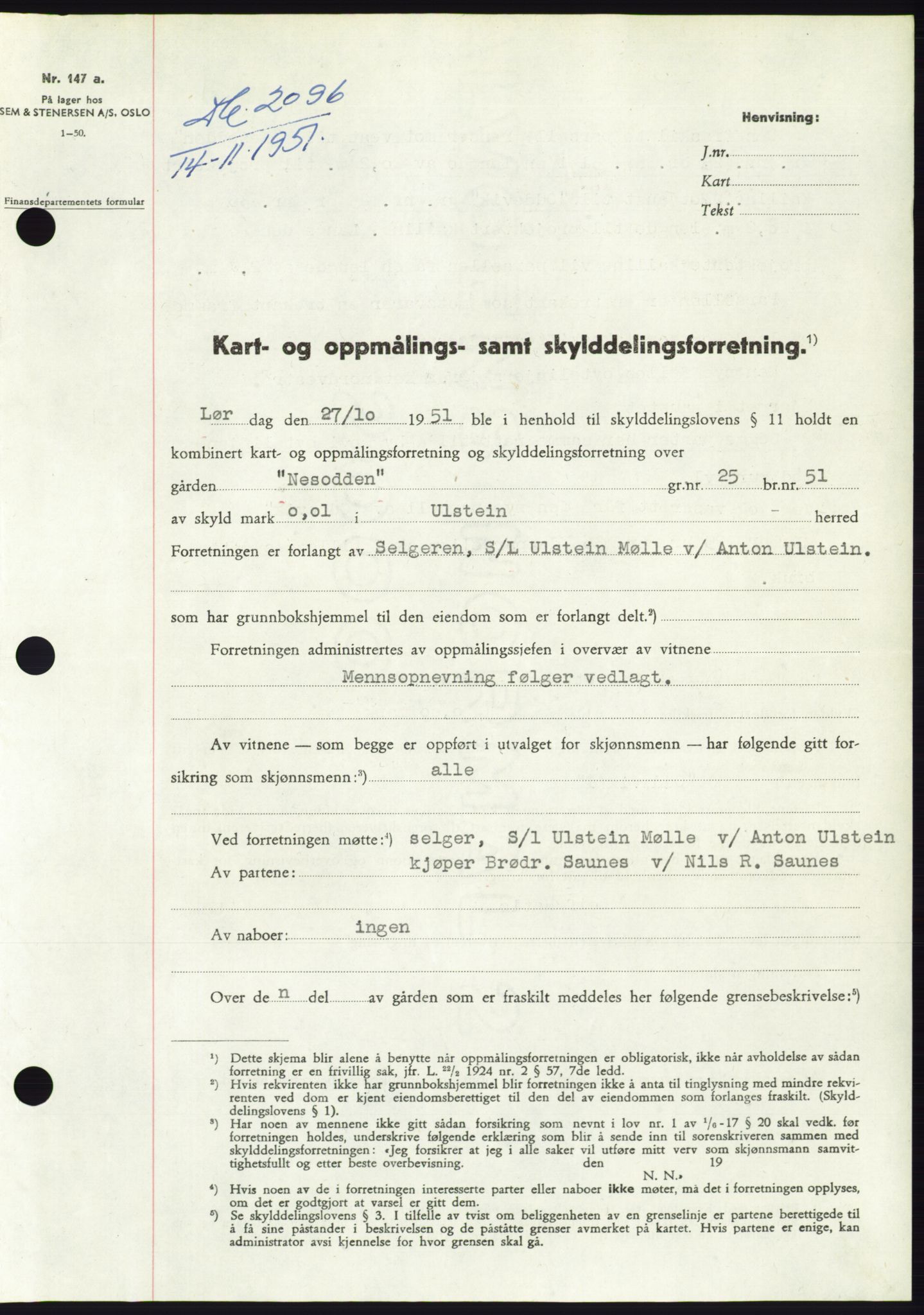 Søre Sunnmøre sorenskriveri, AV/SAT-A-4122/1/2/2C/L0090: Mortgage book no. 16A, 1951-1951, Diary no: : 2096/1951