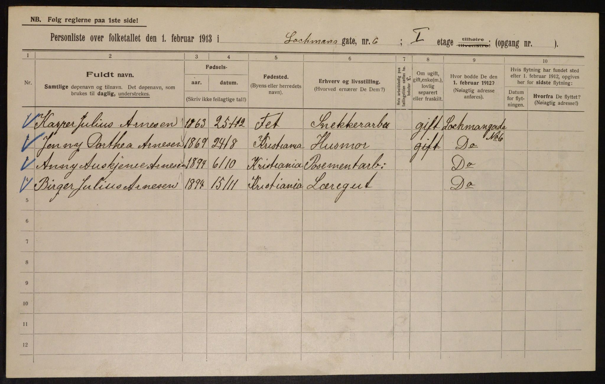 OBA, Municipal Census 1913 for Kristiania, 1913, p. 58123