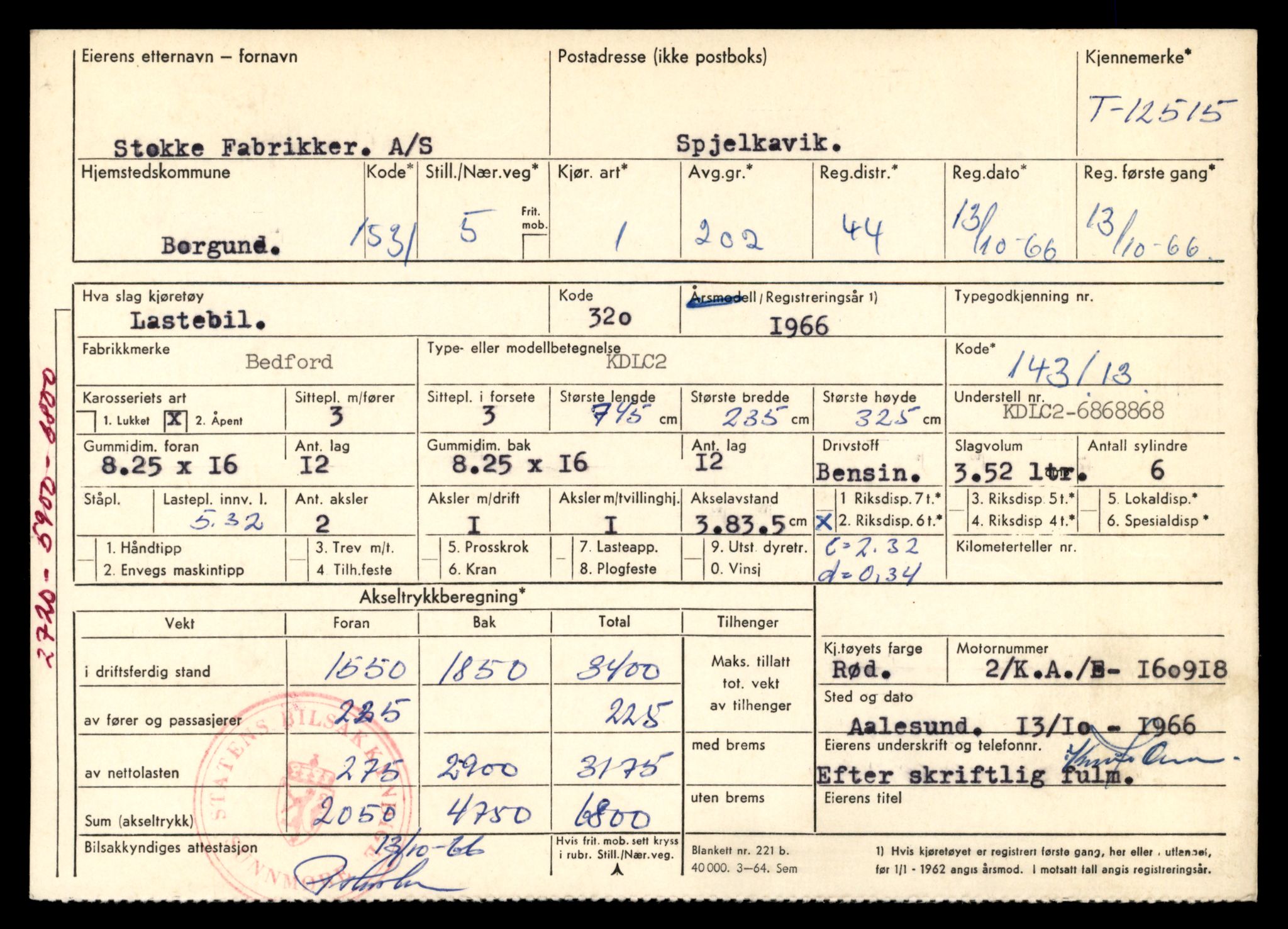 Møre og Romsdal vegkontor - Ålesund trafikkstasjon, AV/SAT-A-4099/F/Fe/L0034: Registreringskort for kjøretøy T 12500 - T 12652, 1927-1998, p. 266