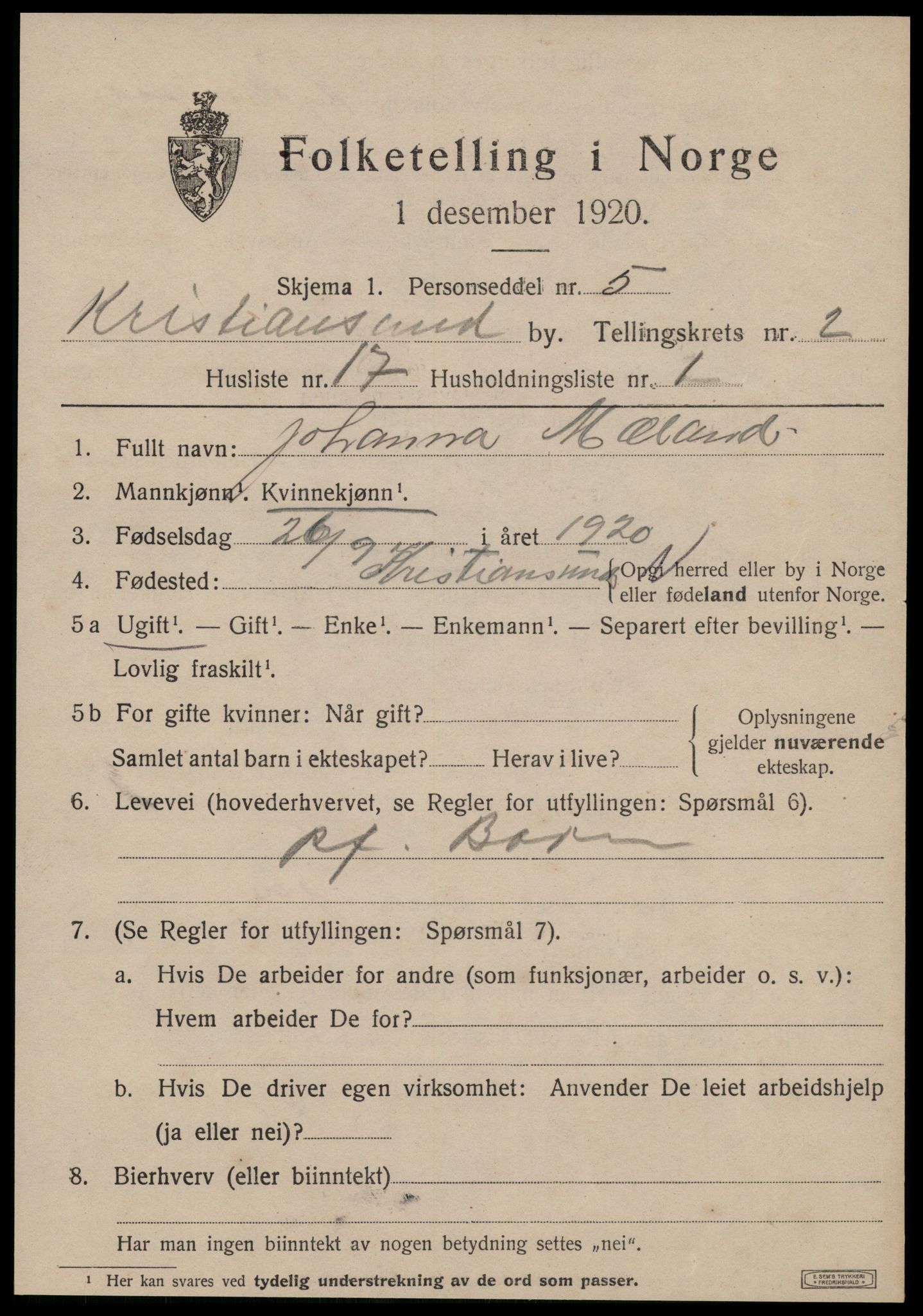 SAT, 1920 census for Kristiansund, 1920, p. 12061