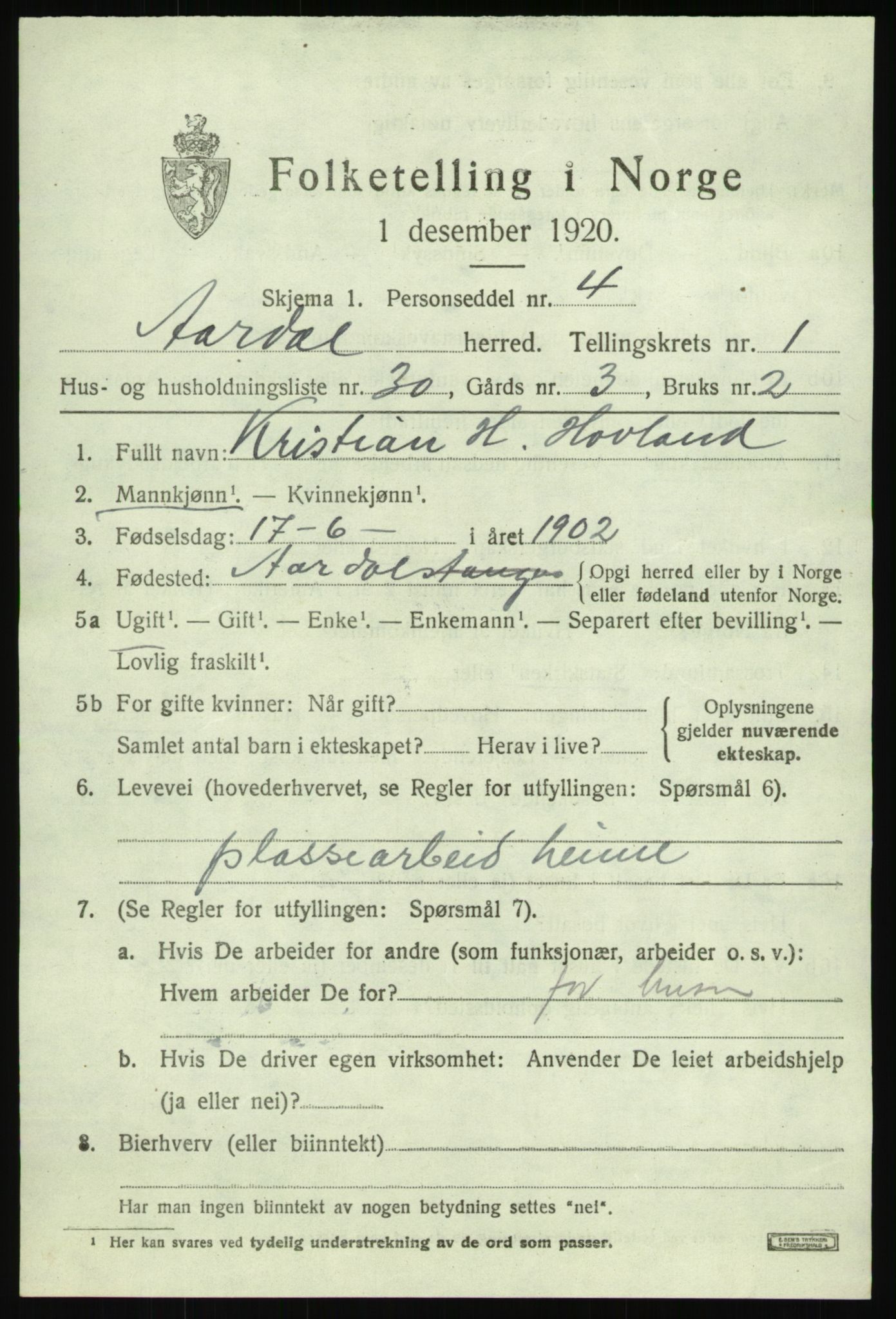 SAB, 1920 census for Årdal, 1920, p. 857