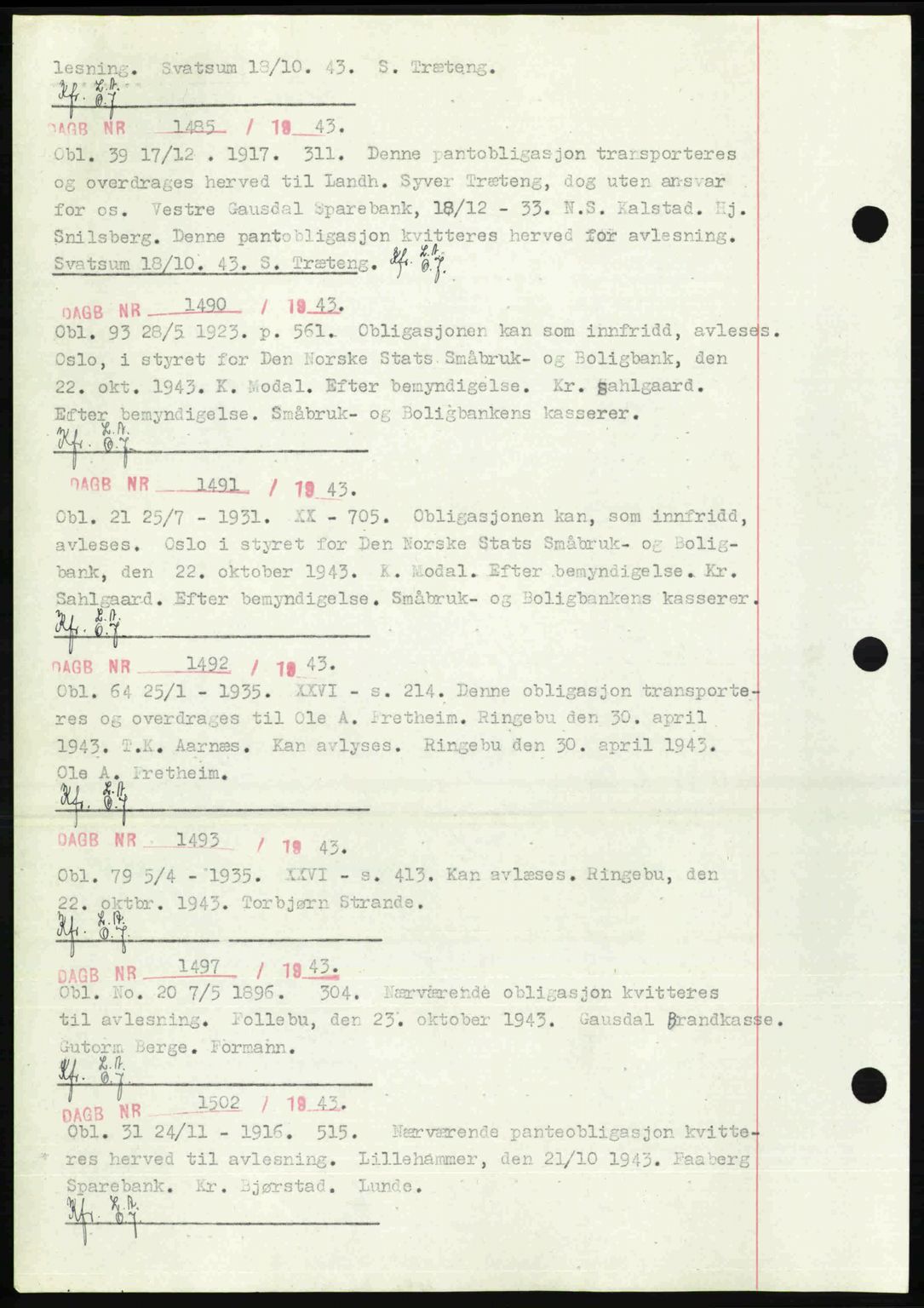 Sør-Gudbrandsdal tingrett, SAH/TING-004/H/Hb/Hbf/L0002: Mortgage book no. C1, 1938-1951, Diary no: : 1485/1943