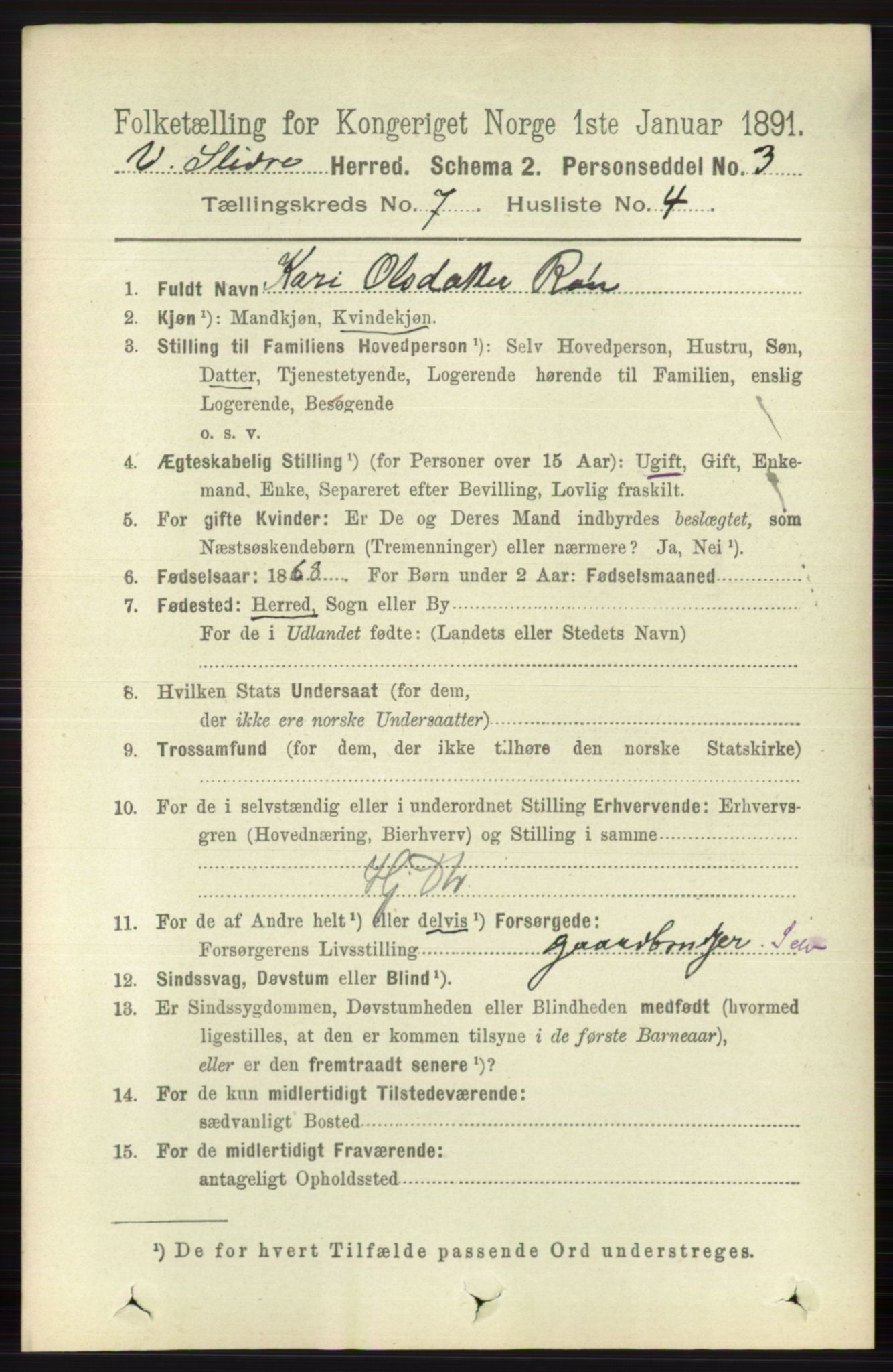 RA, 1891 census for 0543 Vestre Slidre, 1891, p. 2604