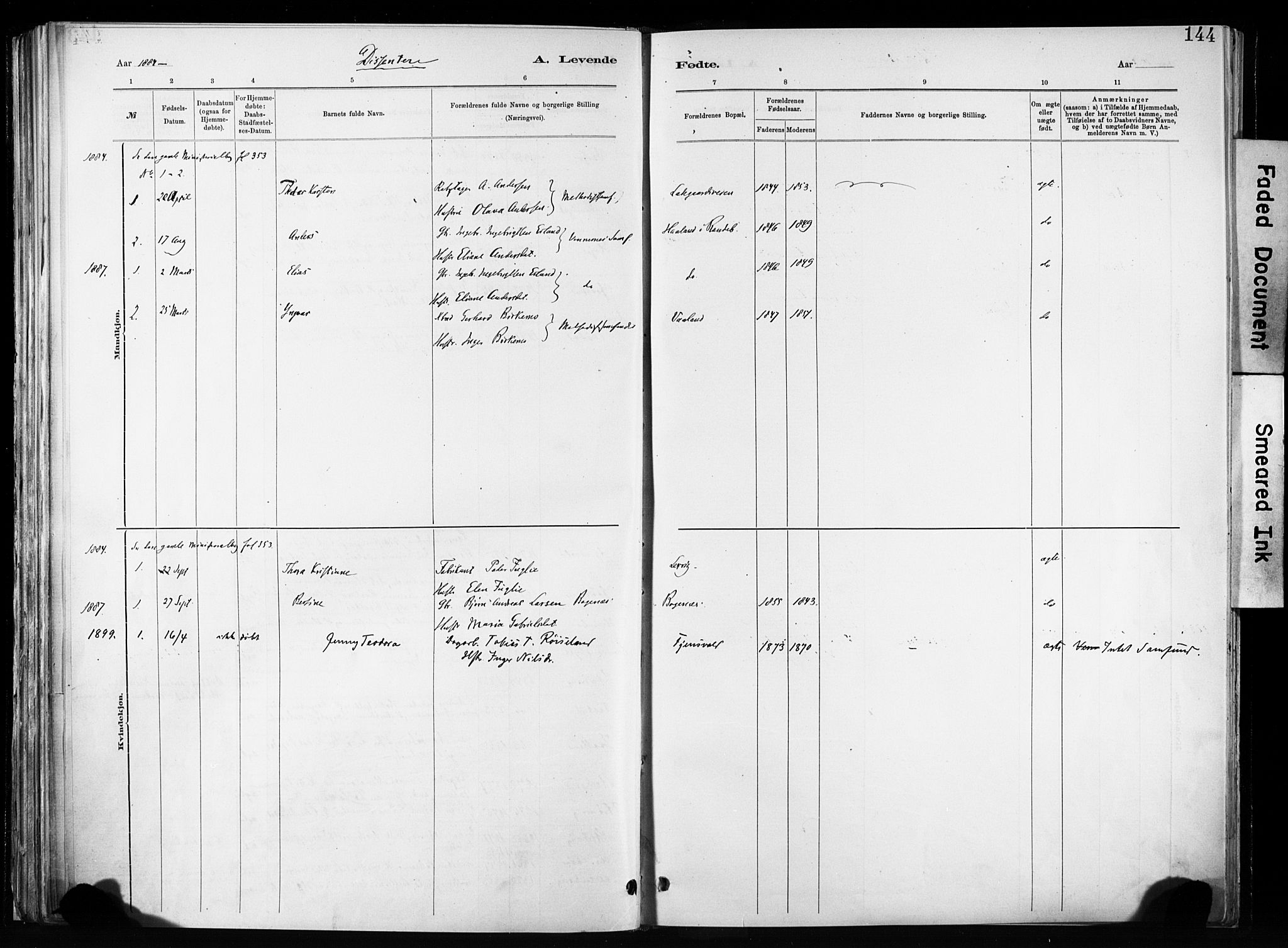 Hetland sokneprestkontor, SAST/A-101826/30/30BA/L0011: Parish register (official) no. A 11, 1884-1911, p. 144