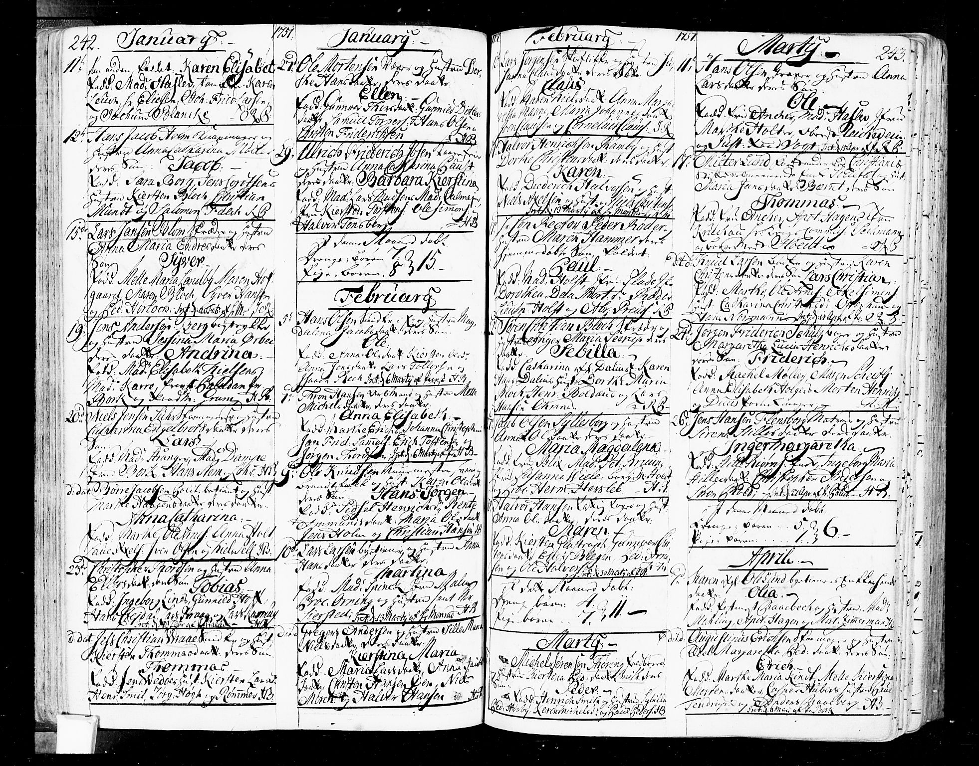 Oslo domkirke Kirkebøker, SAO/A-10752/F/Fa/L0004: Parish register (official) no. 4, 1743-1786, p. 242-243