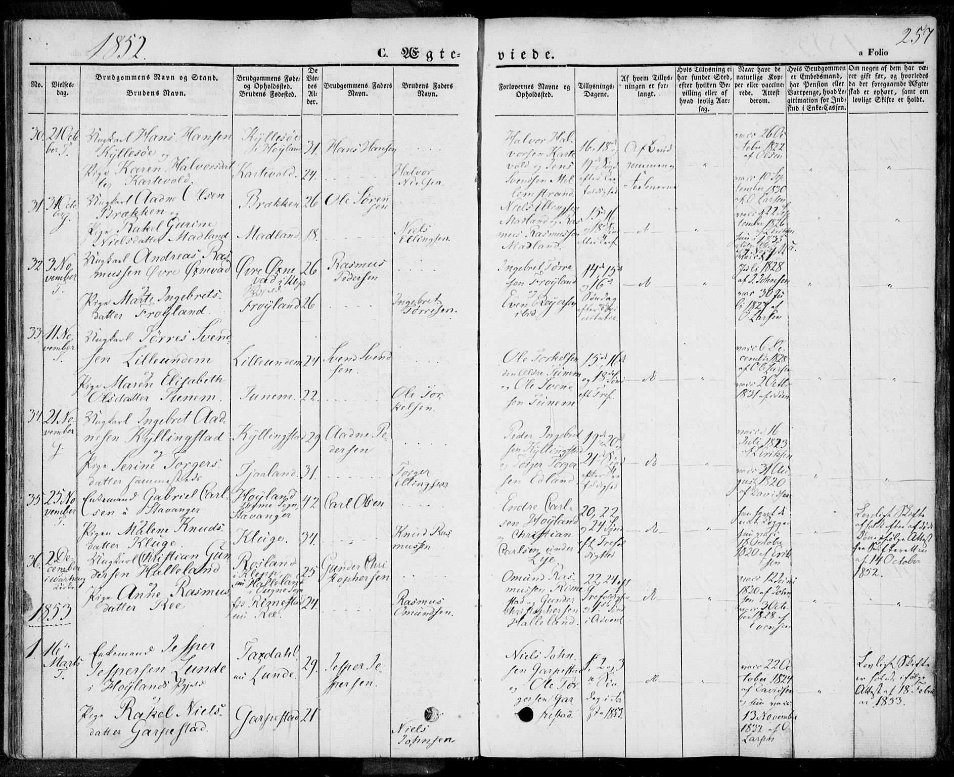 Lye sokneprestkontor, SAST/A-101794/001/30BA/L0006: Parish register (official) no. A 5.2, 1842-1855, p. 257