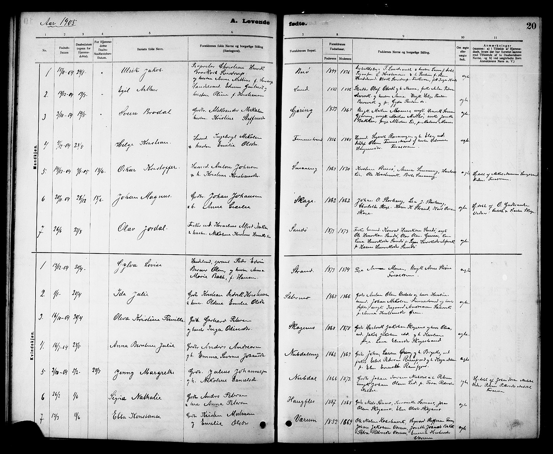 Ministerialprotokoller, klokkerbøker og fødselsregistre - Nord-Trøndelag, SAT/A-1458/780/L0652: Parish register (copy) no. 780C04, 1899-1911, p. 20