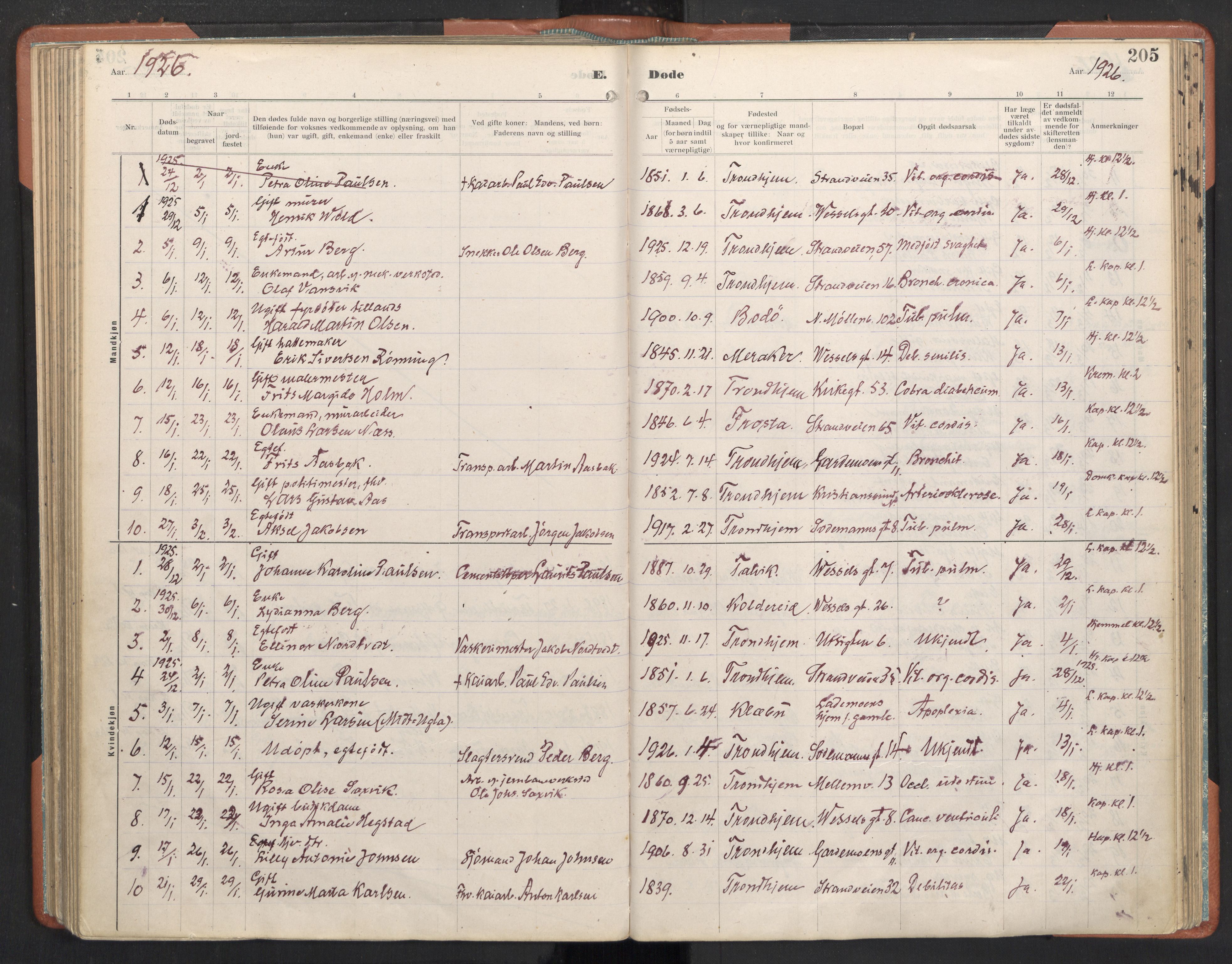 Ministerialprotokoller, klokkerbøker og fødselsregistre - Sør-Trøndelag, SAT/A-1456/605/L0245: Parish register (official) no. 605A07, 1916-1938, p. 205