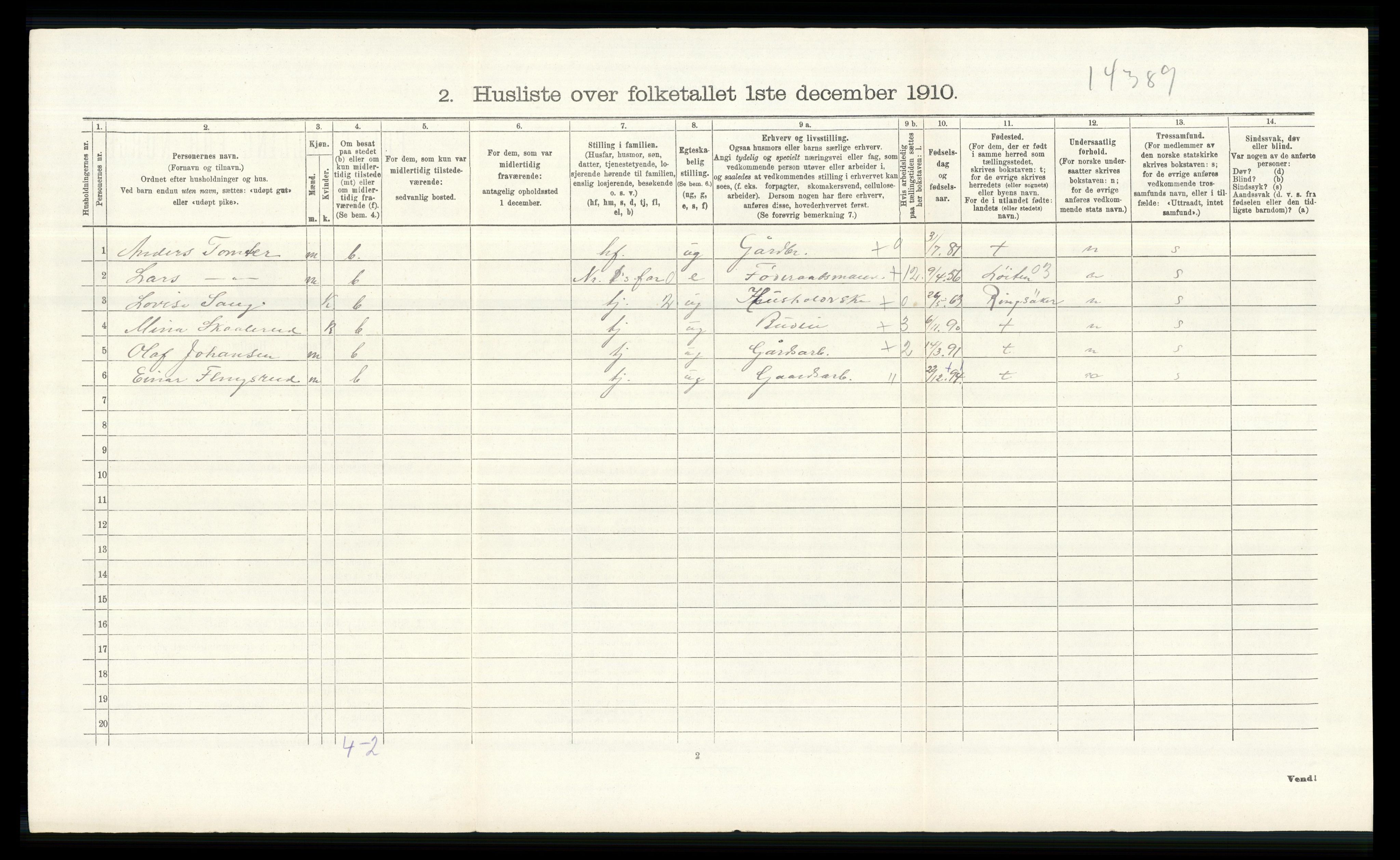 RA, 1910 census for Vang, 1910, p. 1786