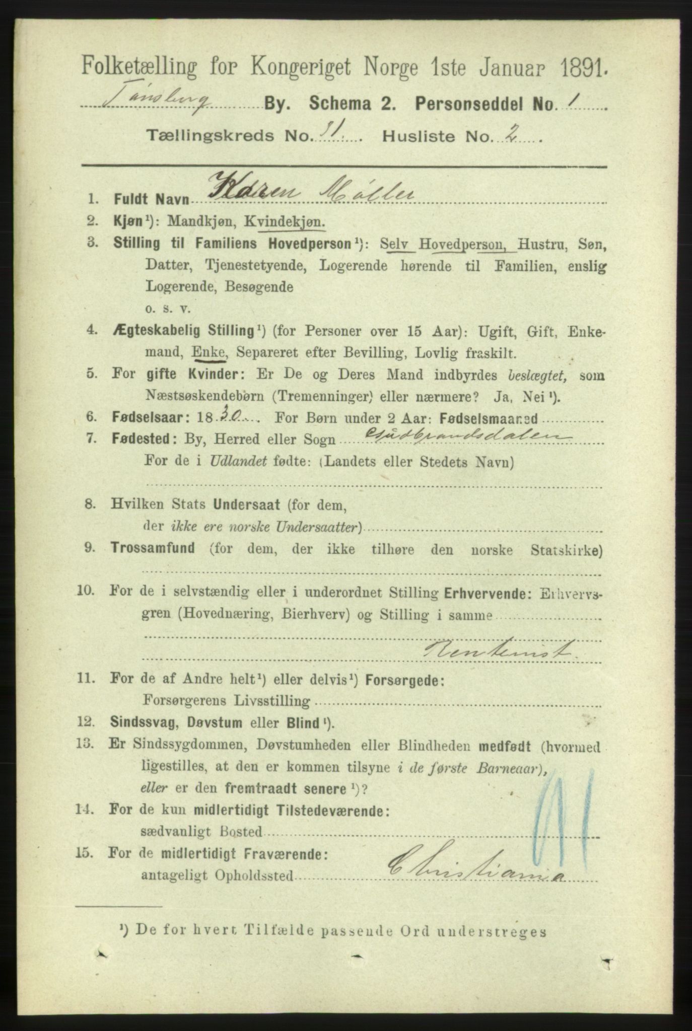 RA, 1891 census for 0705 Tønsberg, 1891, p. 7385