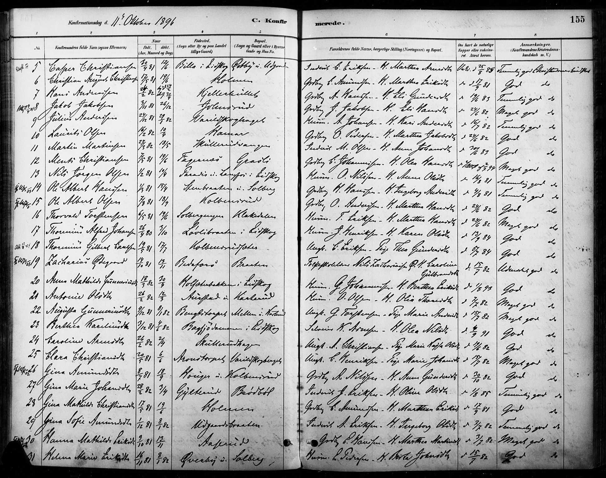 Vinger prestekontor, AV/SAH-PREST-024/H/Ha/Haa/L0015: Parish register (official) no. 15, 1881-1900, p. 155