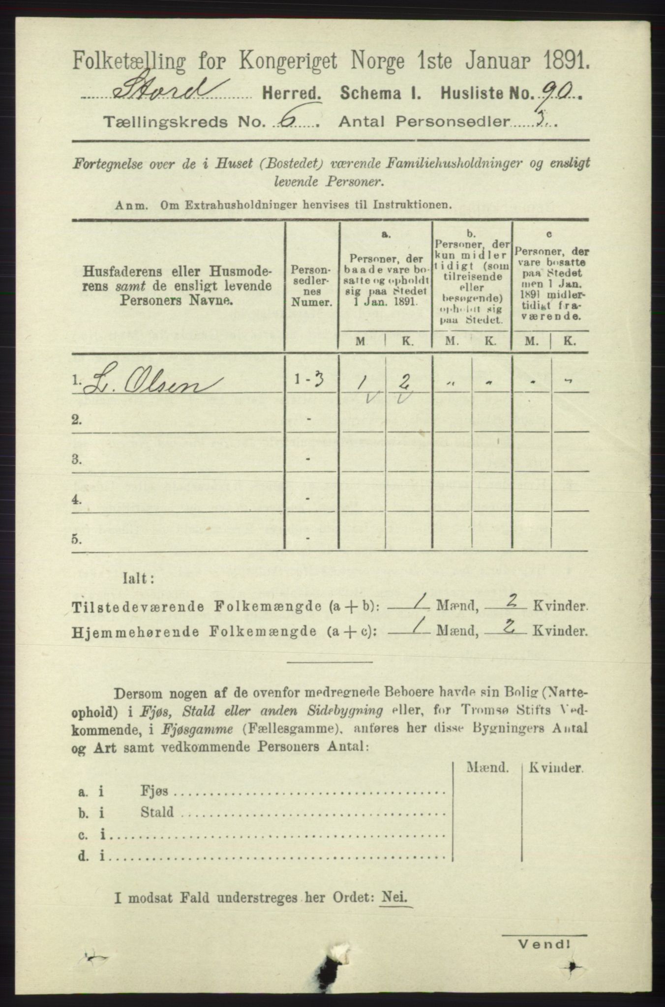 RA, 1891 census for 1221 Stord, 1891, p. 2161