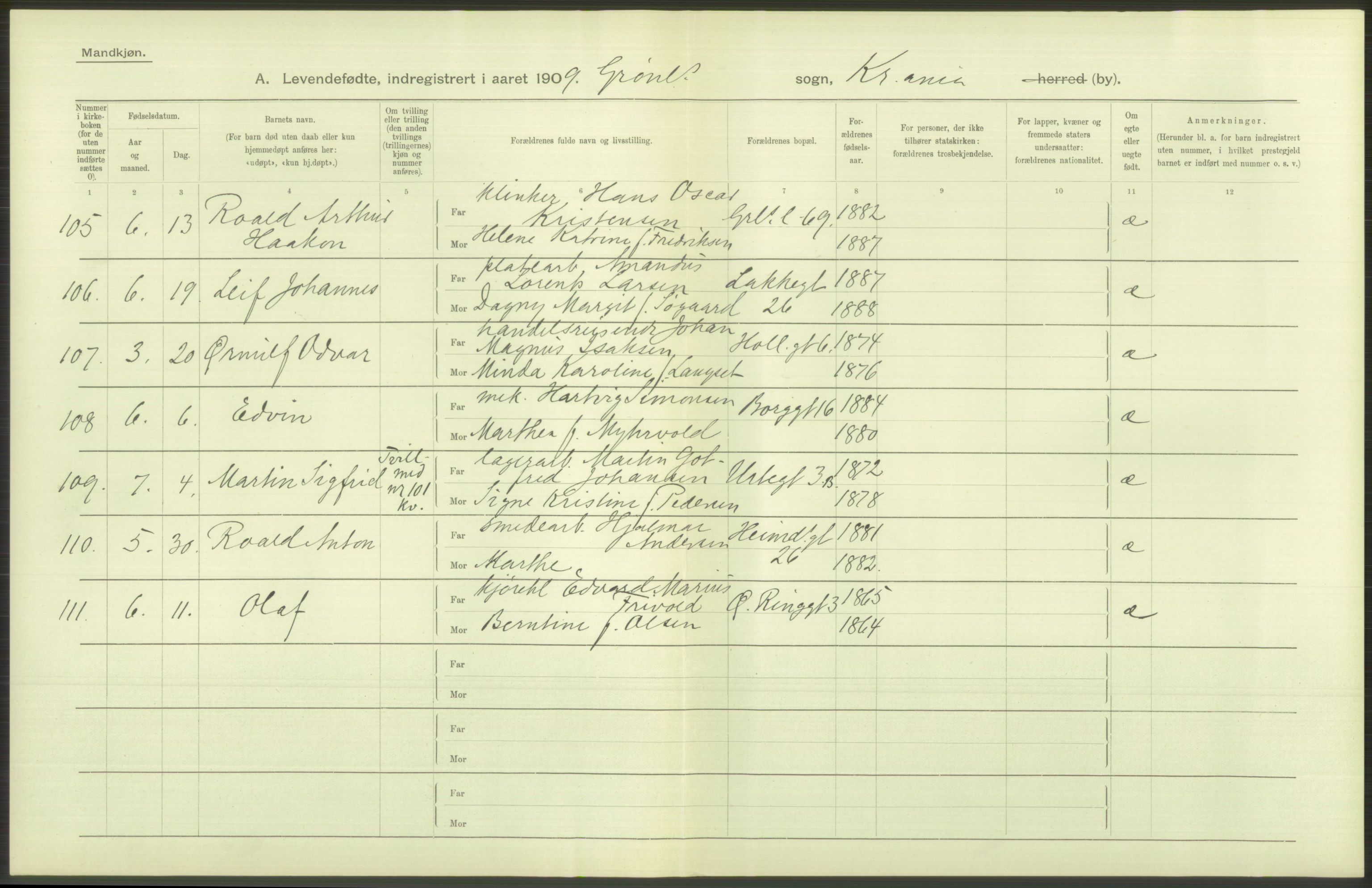 Statistisk sentralbyrå, Sosiodemografiske emner, Befolkning, AV/RA-S-2228/D/Df/Dfa/Dfag/L0007: Kristiania: Levendefødte menn og kvinner., 1909, p. 234