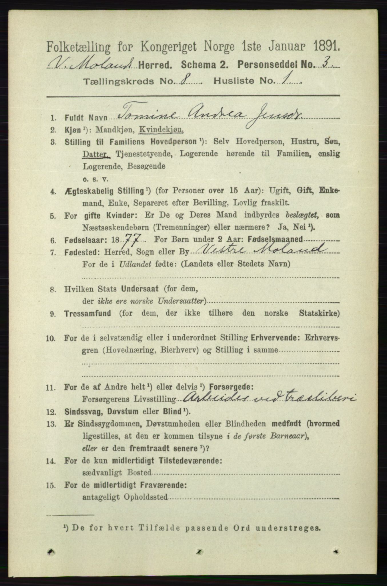 RA, 1891 census for 0926 Vestre Moland, 1891, p. 3000