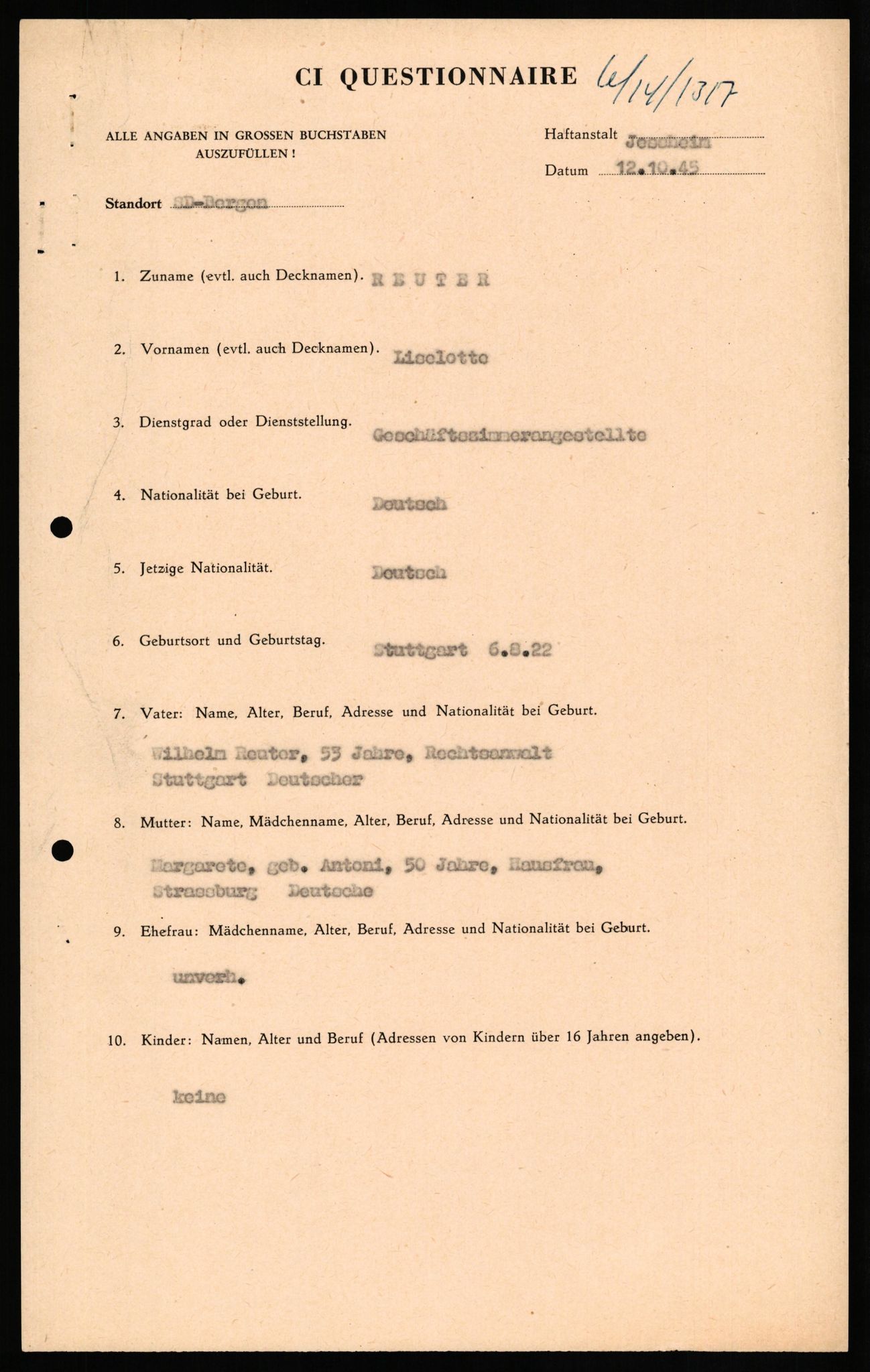 Forsvaret, Forsvarets overkommando II, AV/RA-RAFA-3915/D/Db/L0027: CI Questionaires. Tyske okkupasjonsstyrker i Norge. Tyskere., 1945-1946, p. 287