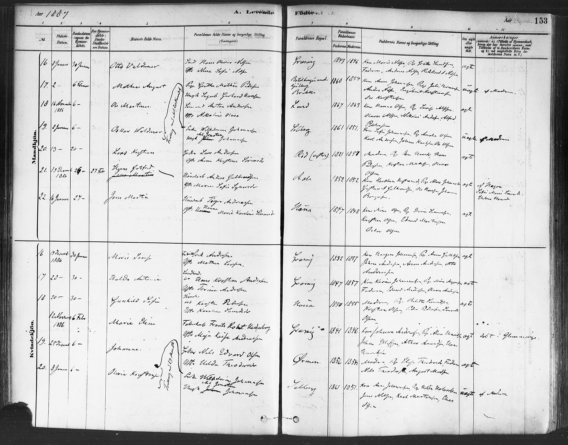 Onsøy prestekontor Kirkebøker, AV/SAO-A-10914/F/Fa/L0005: Parish register (official) no. I 5, 1878-1898, p. 153