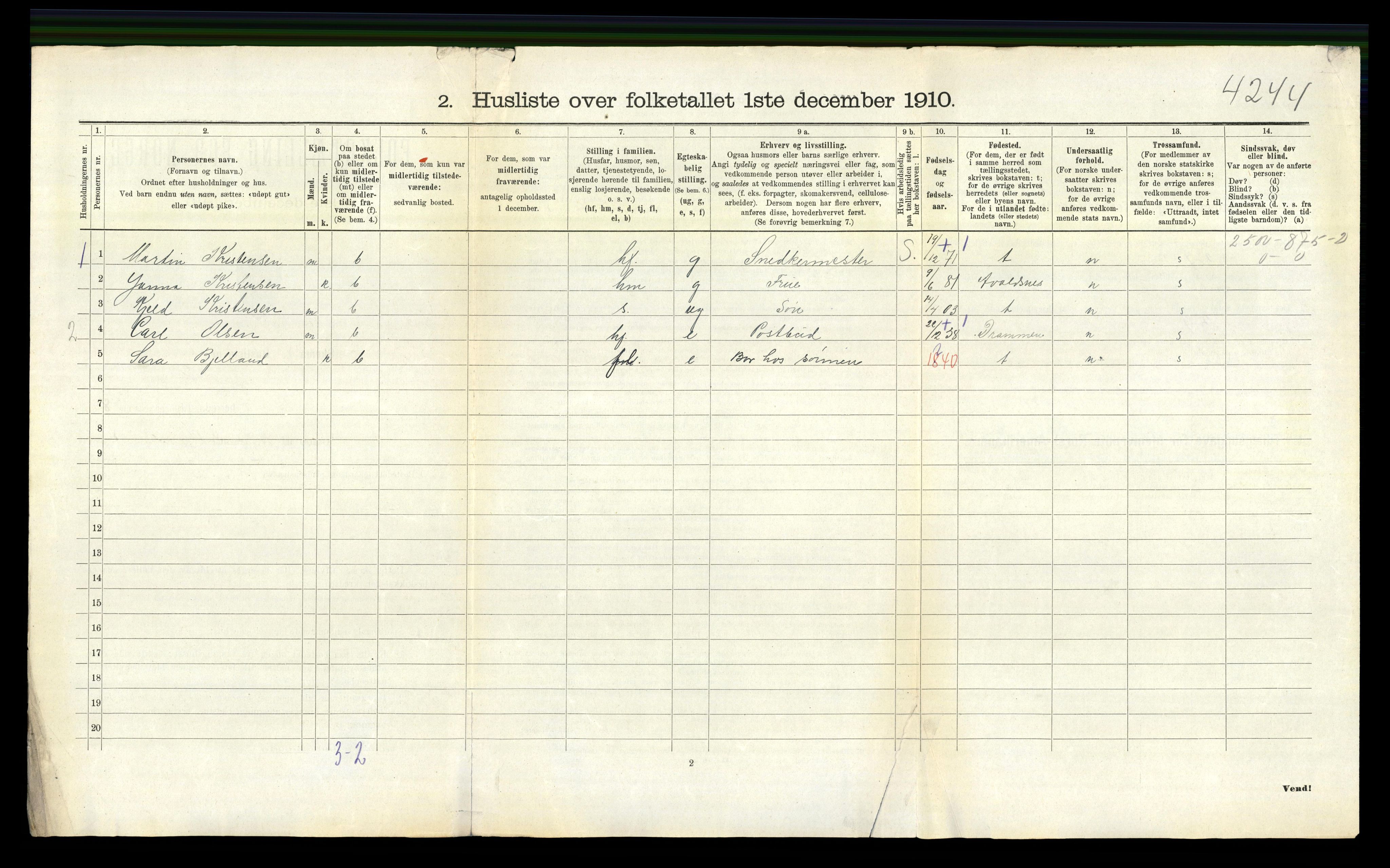 RA, 1910 census for Nes, 1910, p. 634