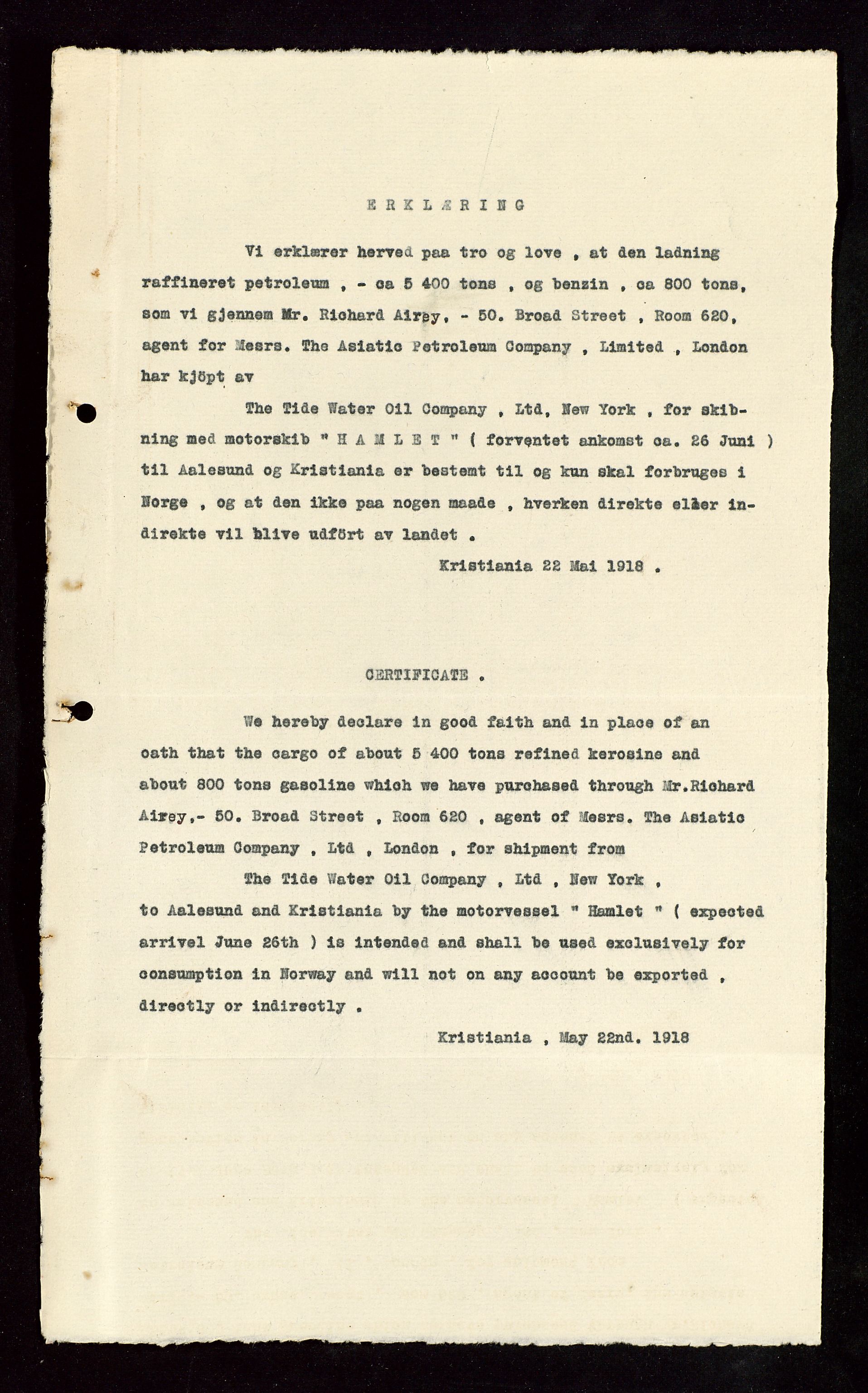 Pa 1521 - A/S Norske Shell, AV/SAST-A-101915/E/Ea/Eaa/L0003: Sjefskorrespondanse, 1918, p. 300