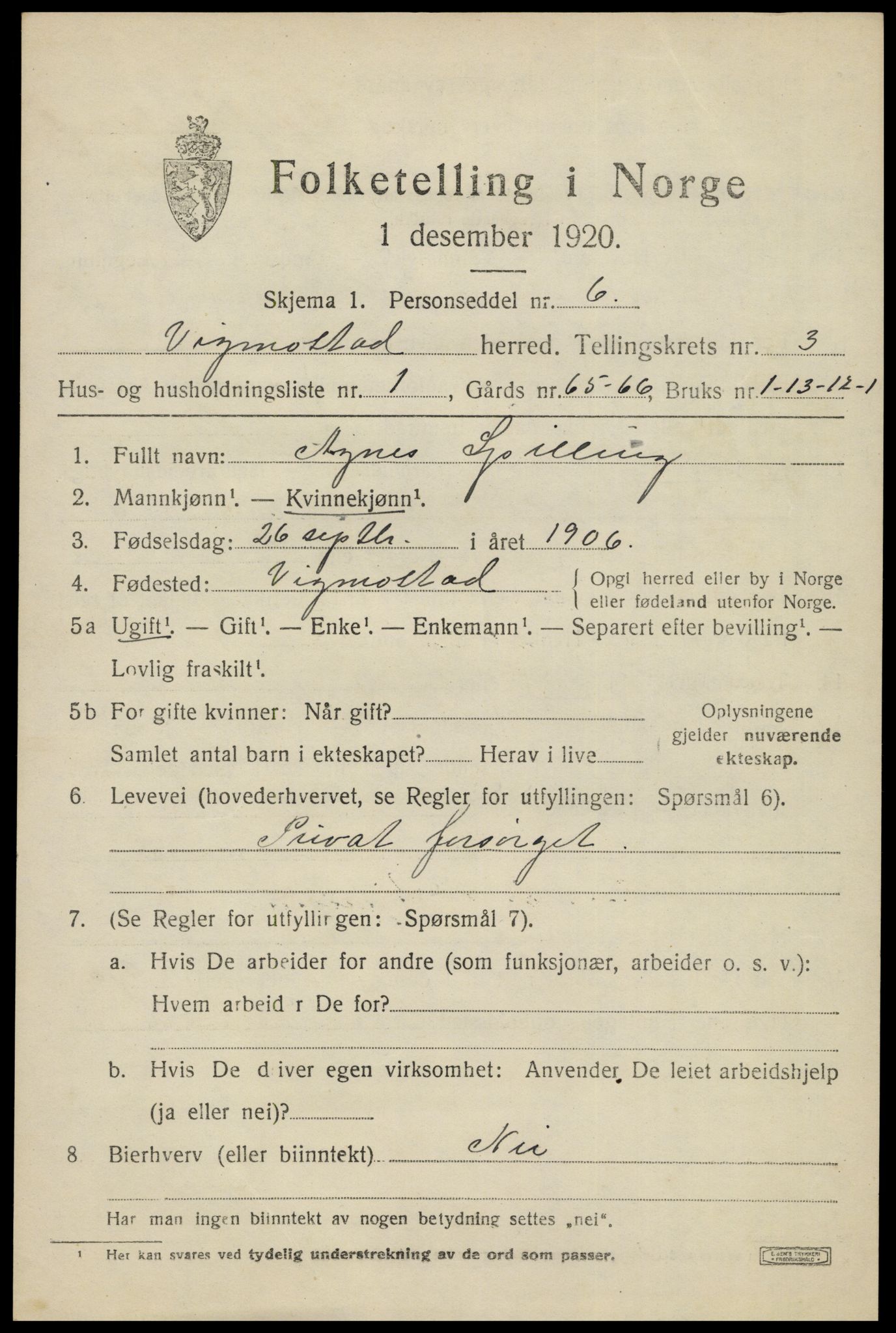 SAK, 1920 census for Vigmostad, 1920, p. 825