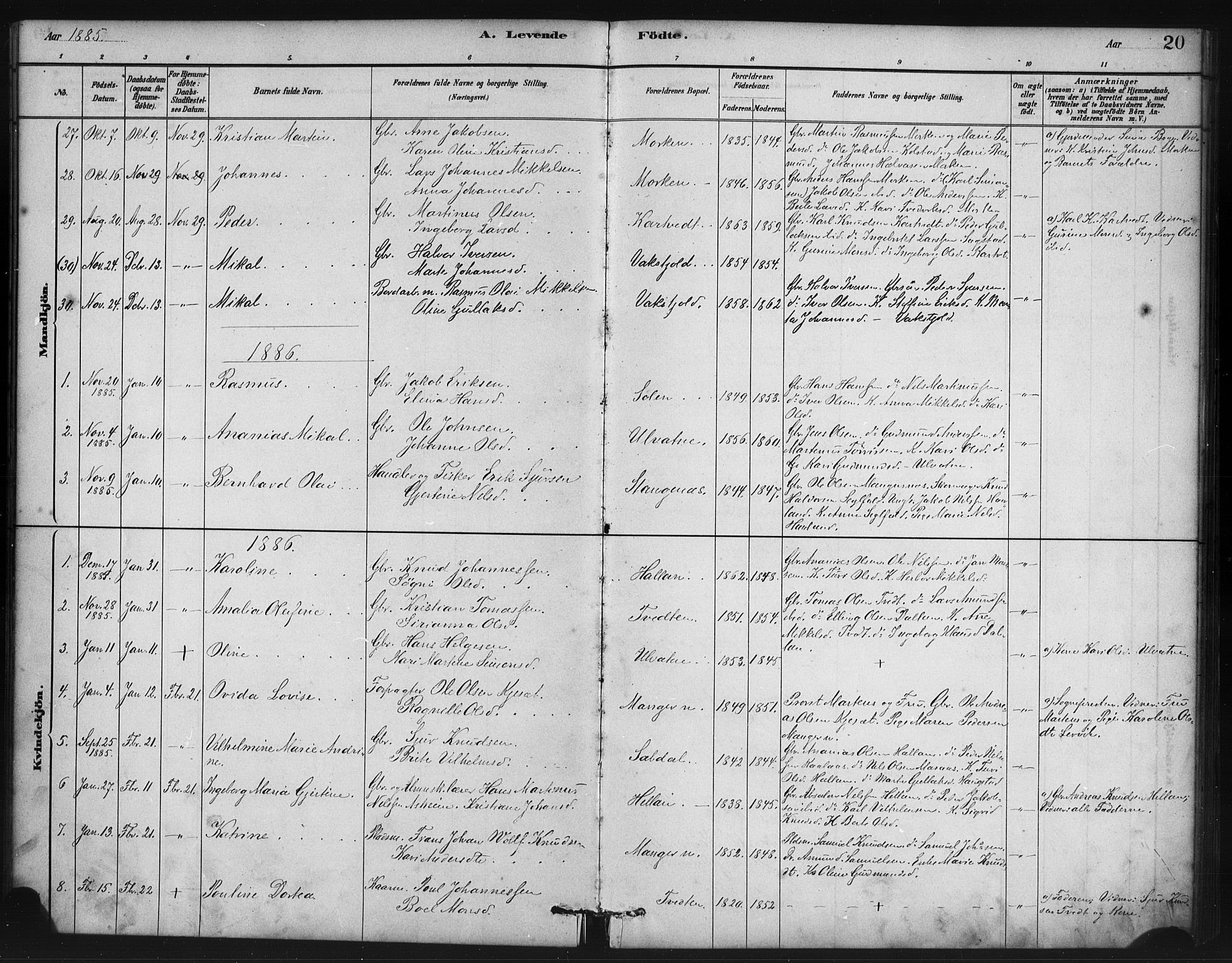 Manger sokneprestembete, SAB/A-76801/H/Haa: Parish register (official) no. B 1, 1881-1892, p. 20