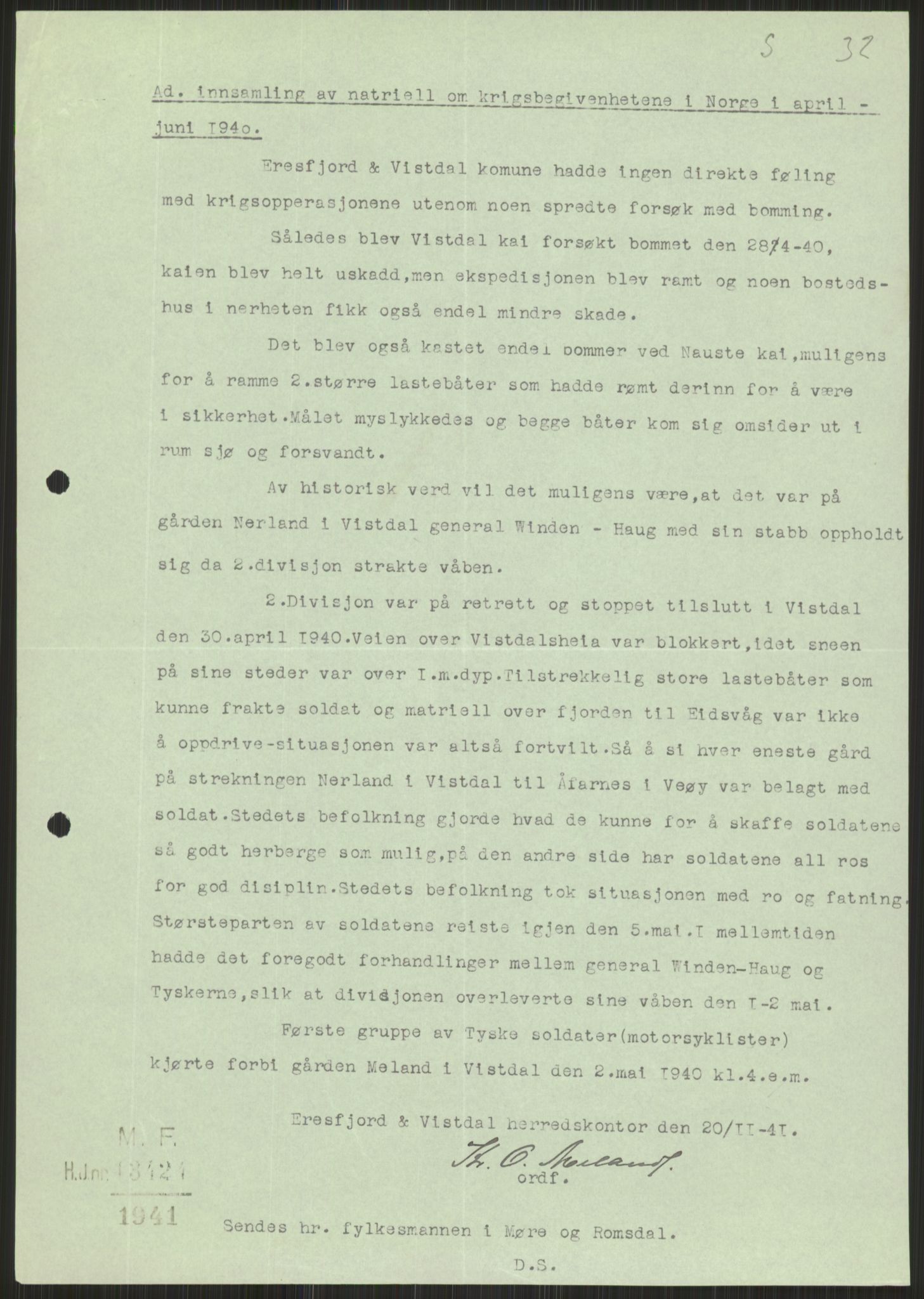 Forsvaret, Forsvarets krigshistoriske avdeling, AV/RA-RAFA-2017/Y/Ya/L0015: II-C-11-31 - Fylkesmenn.  Rapporter om krigsbegivenhetene 1940., 1940, p. 604
