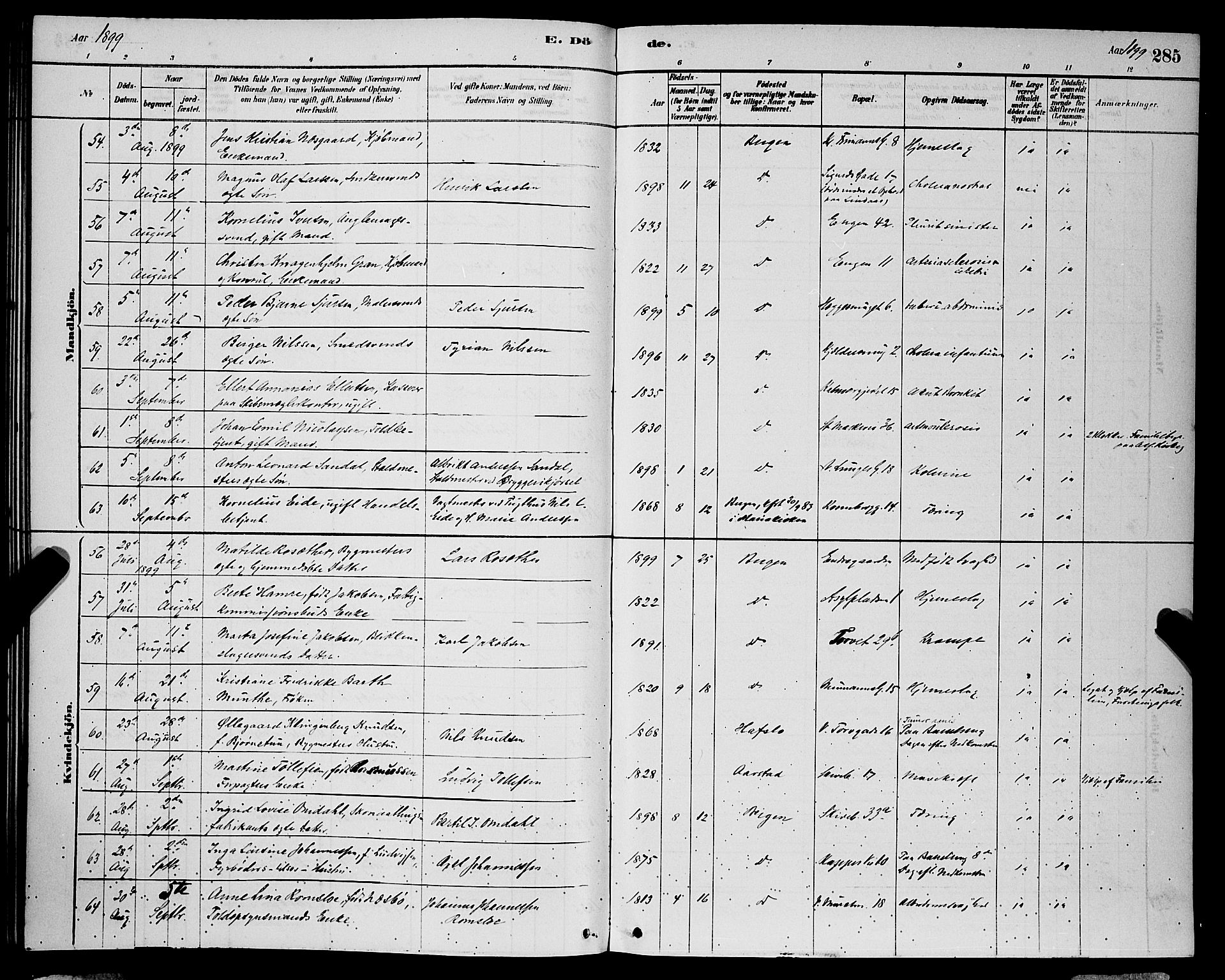 Domkirken sokneprestembete, AV/SAB-A-74801/H/Hab/L0041: Parish register (copy) no. E 5, 1878-1900, p. 285