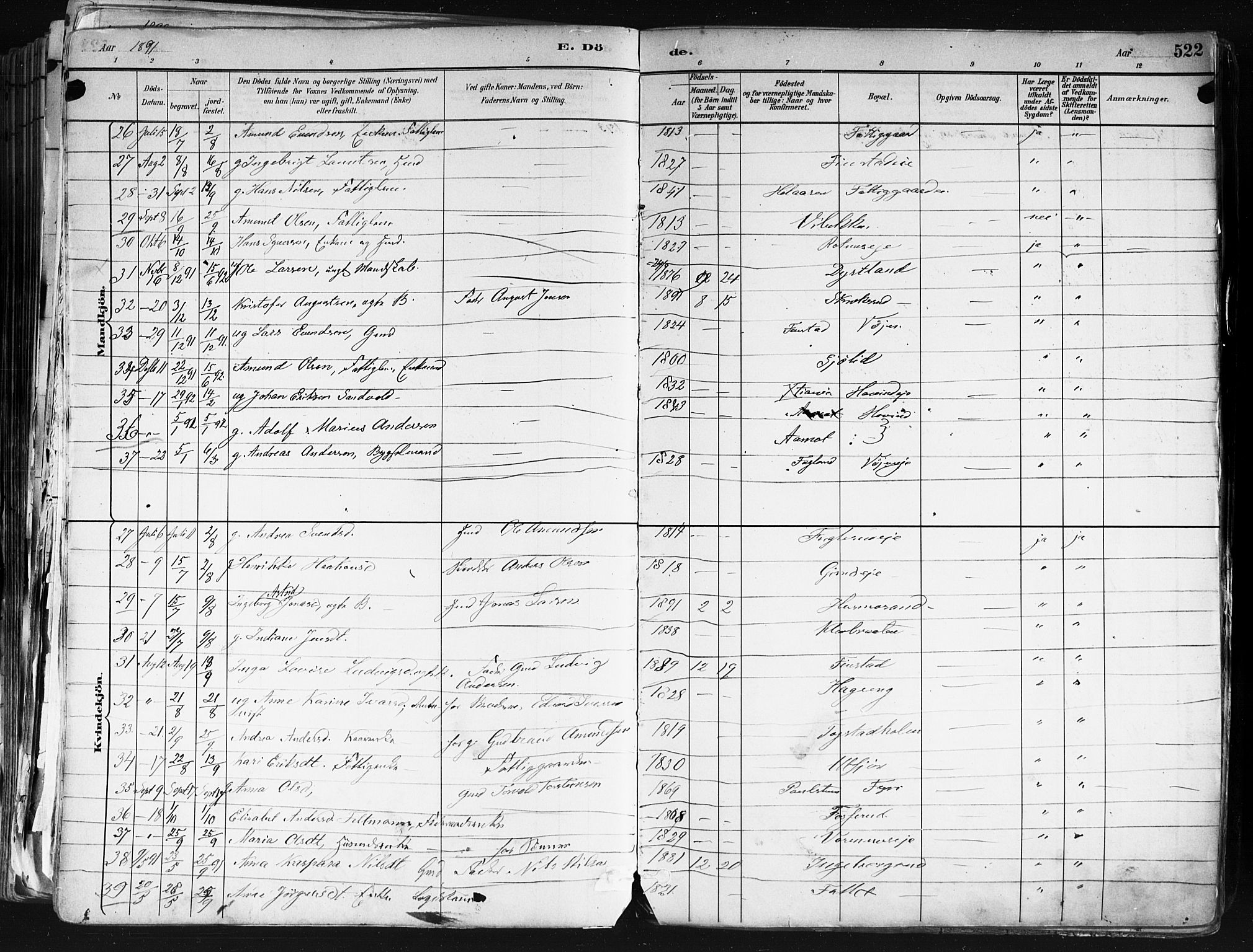 Nes prestekontor Kirkebøker, AV/SAO-A-10410/F/Fa/L0010: Parish register (official) no. I 10, 1883-1898, p. 522