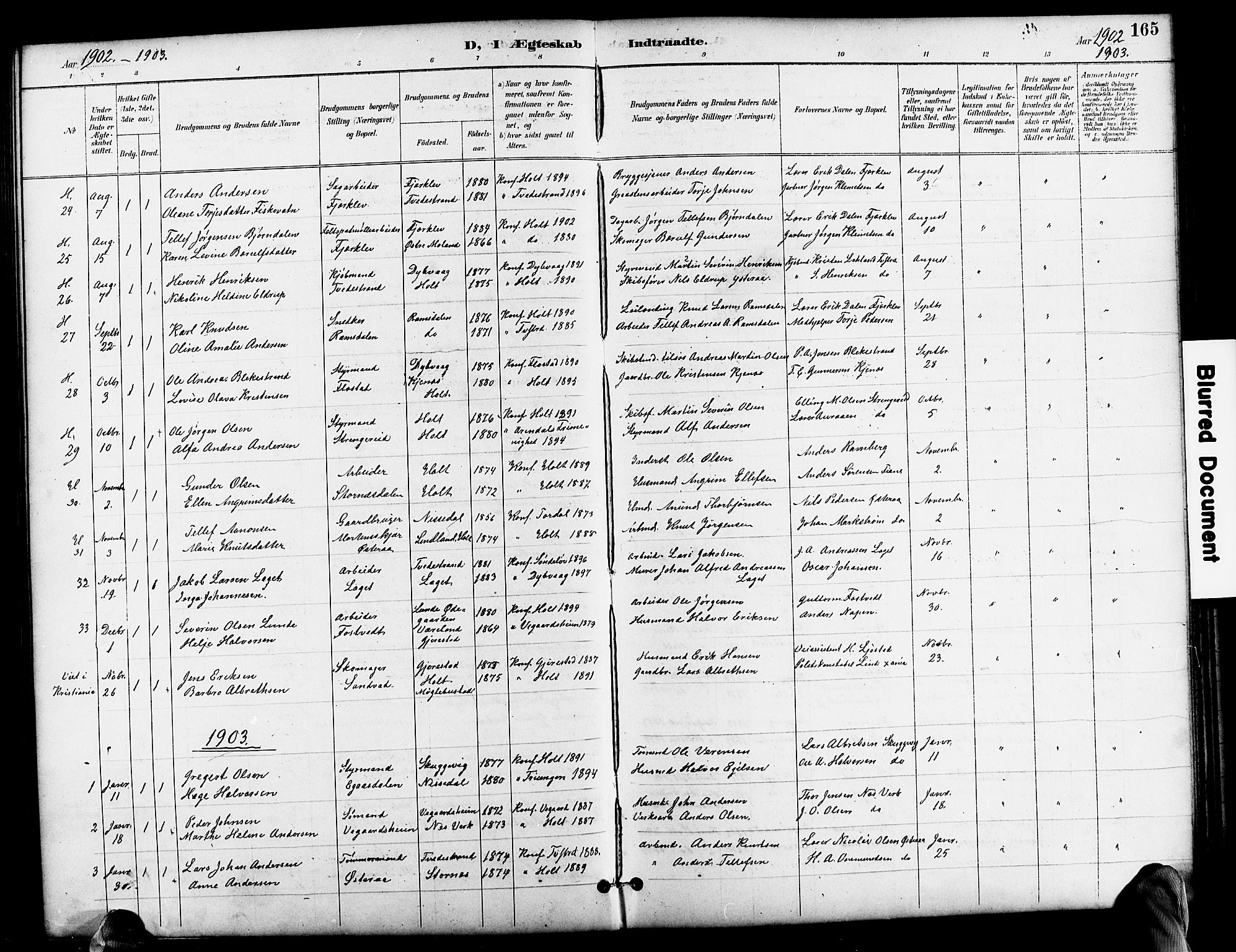 Holt sokneprestkontor, SAK/1111-0021/F/Fb/L0011: Parish register (copy) no. B 11, 1897-1921, p. 165