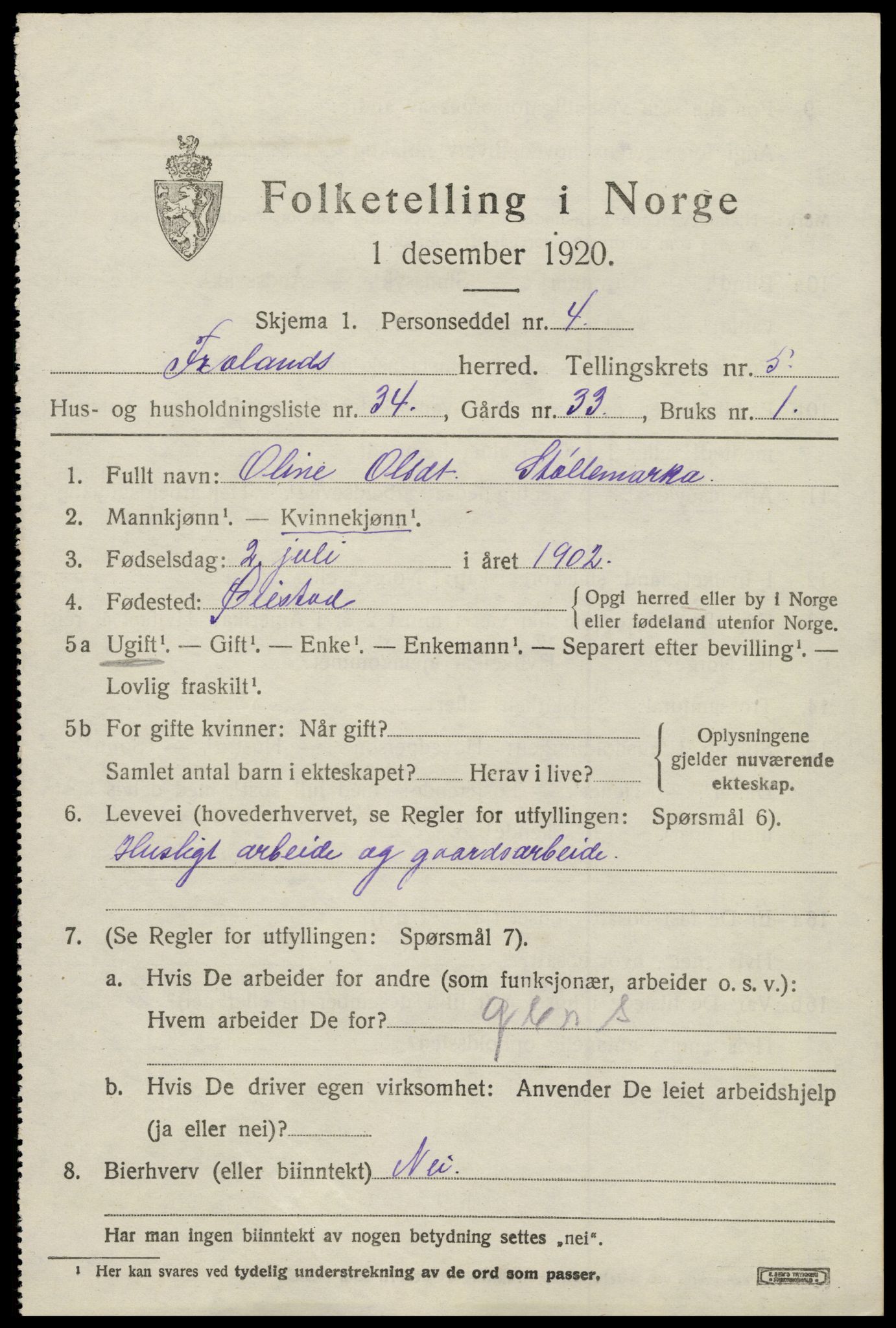 SAK, 1920 census for Froland, 1920, p. 4035