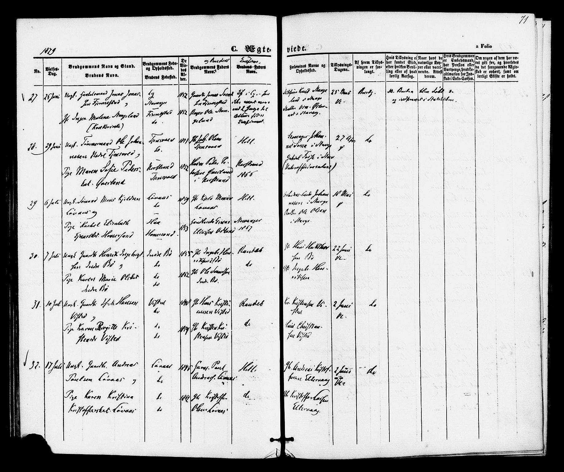 Hetland sokneprestkontor, AV/SAST-A-101826/30/30BA/L0005: Parish register (official) no. A 5, 1869-1884, p. 71