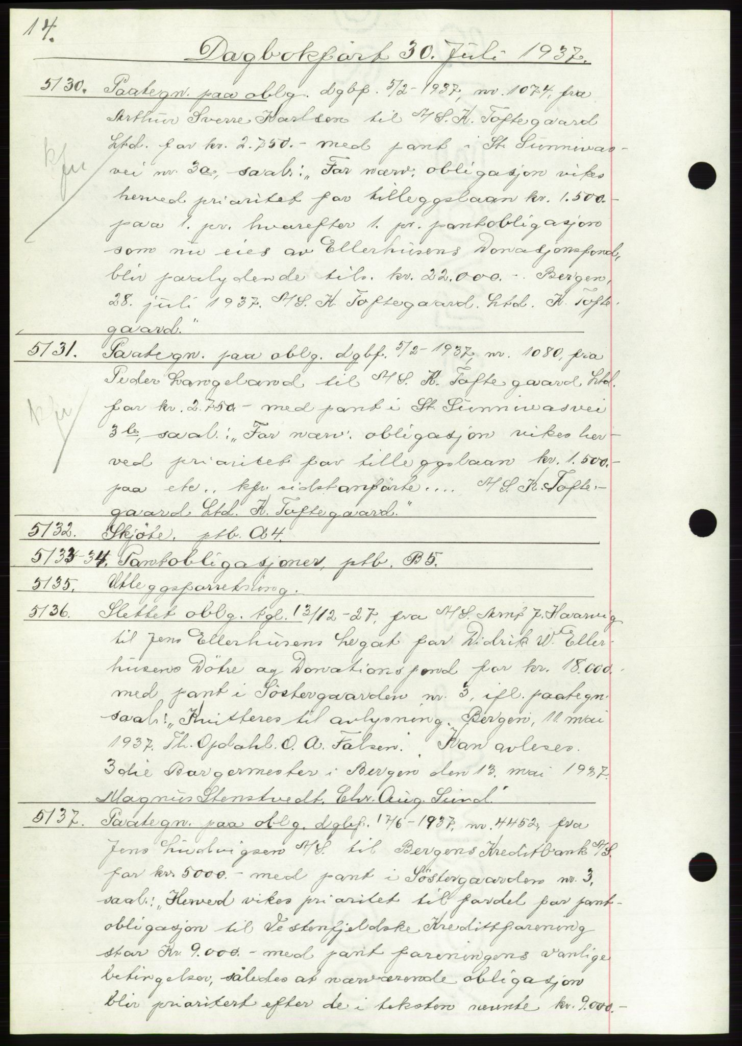 Byfogd og Byskriver i Bergen, AV/SAB-A-3401/03: Mortgage book no. C 5, 1937-1937, Diary no: : 5130/1937
