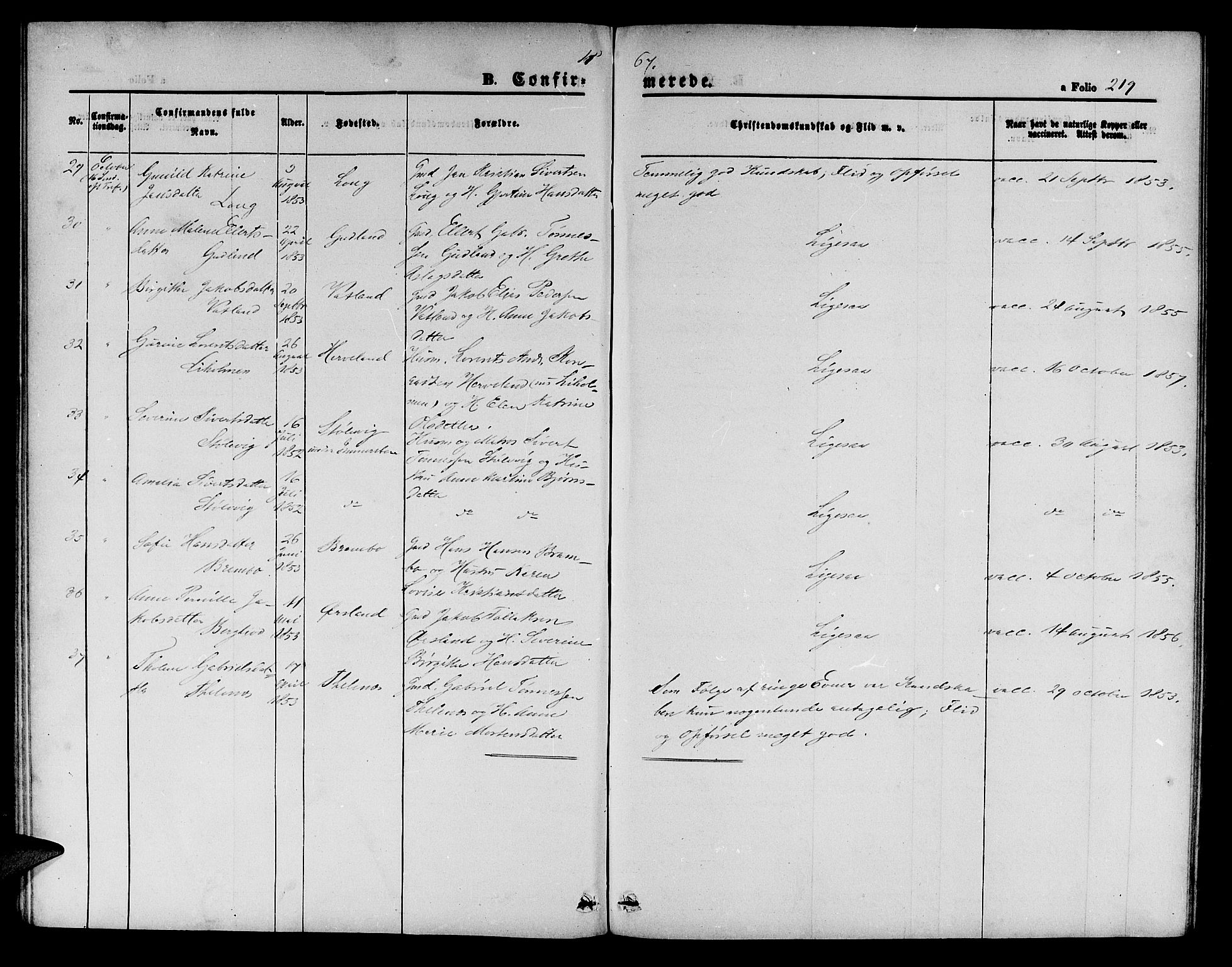 Sokndal sokneprestkontor, SAST/A-101808: Parish register (copy) no. B 3, 1865-1879, p. 219