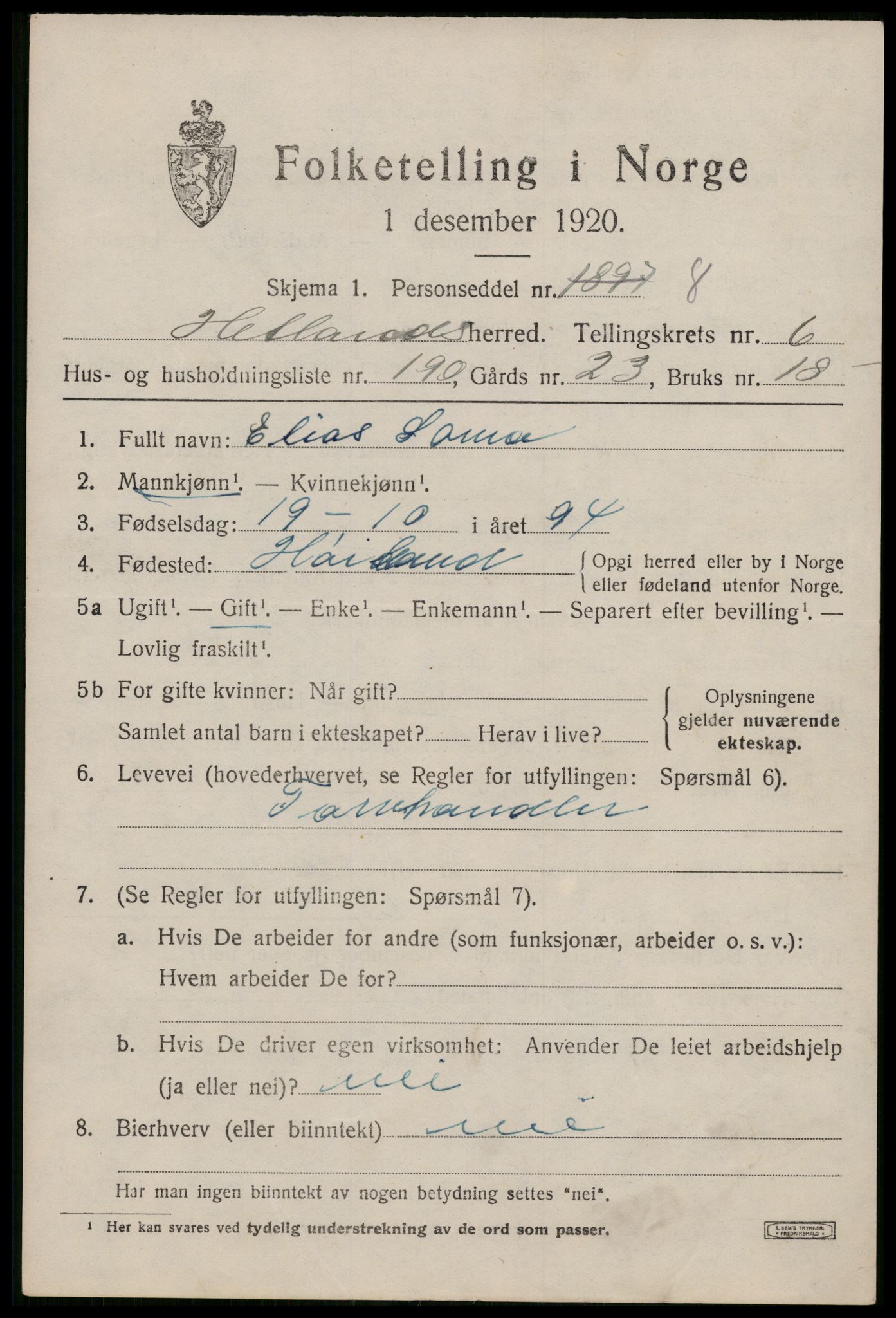SAST, 1920 census for Hetland, 1920, p. 13257