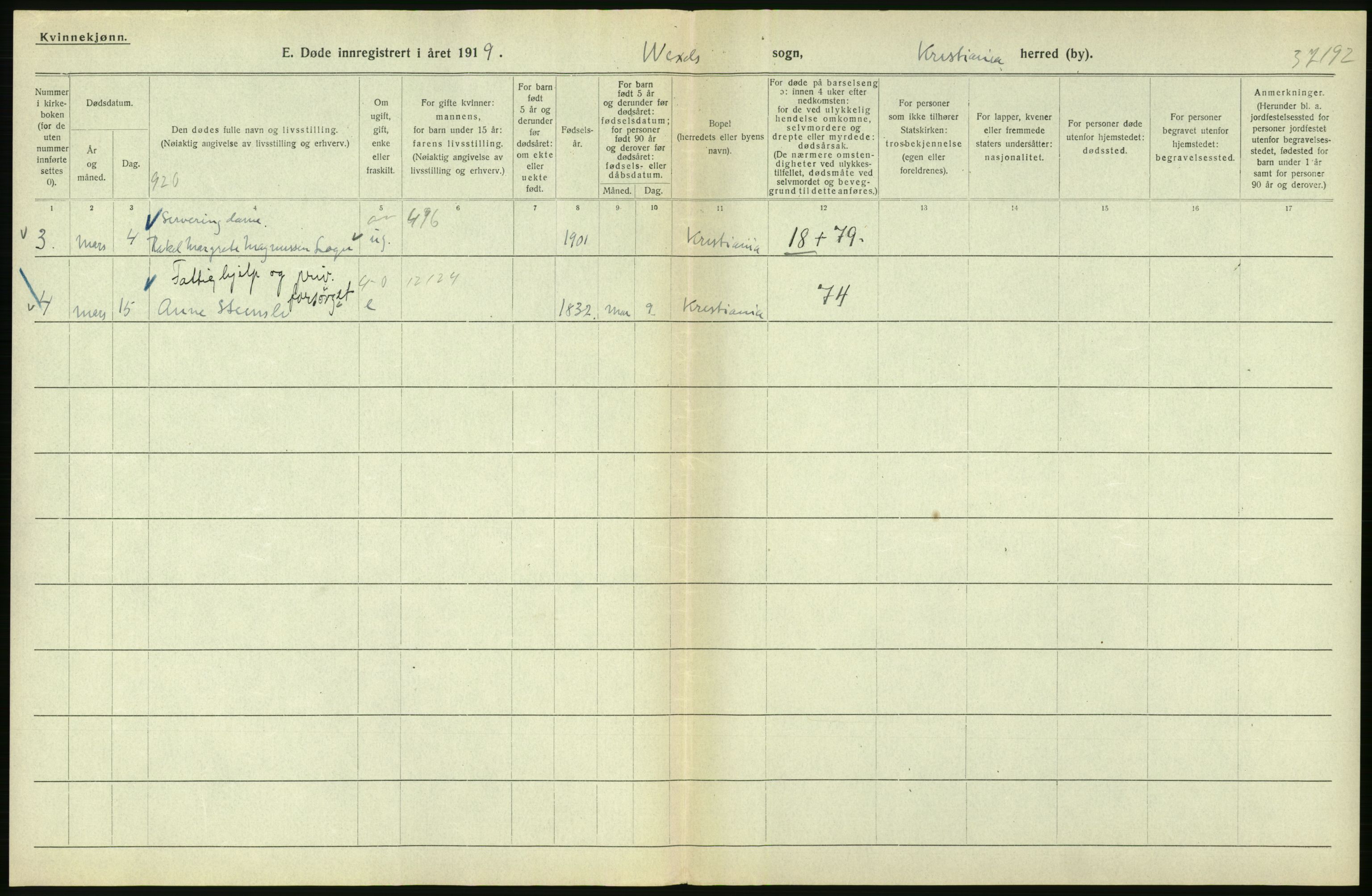 Statistisk sentralbyrå, Sosiodemografiske emner, Befolkning, AV/RA-S-2228/D/Df/Dfb/Dfbi/L0010: Kristiania: Døde, 1919, p. 66