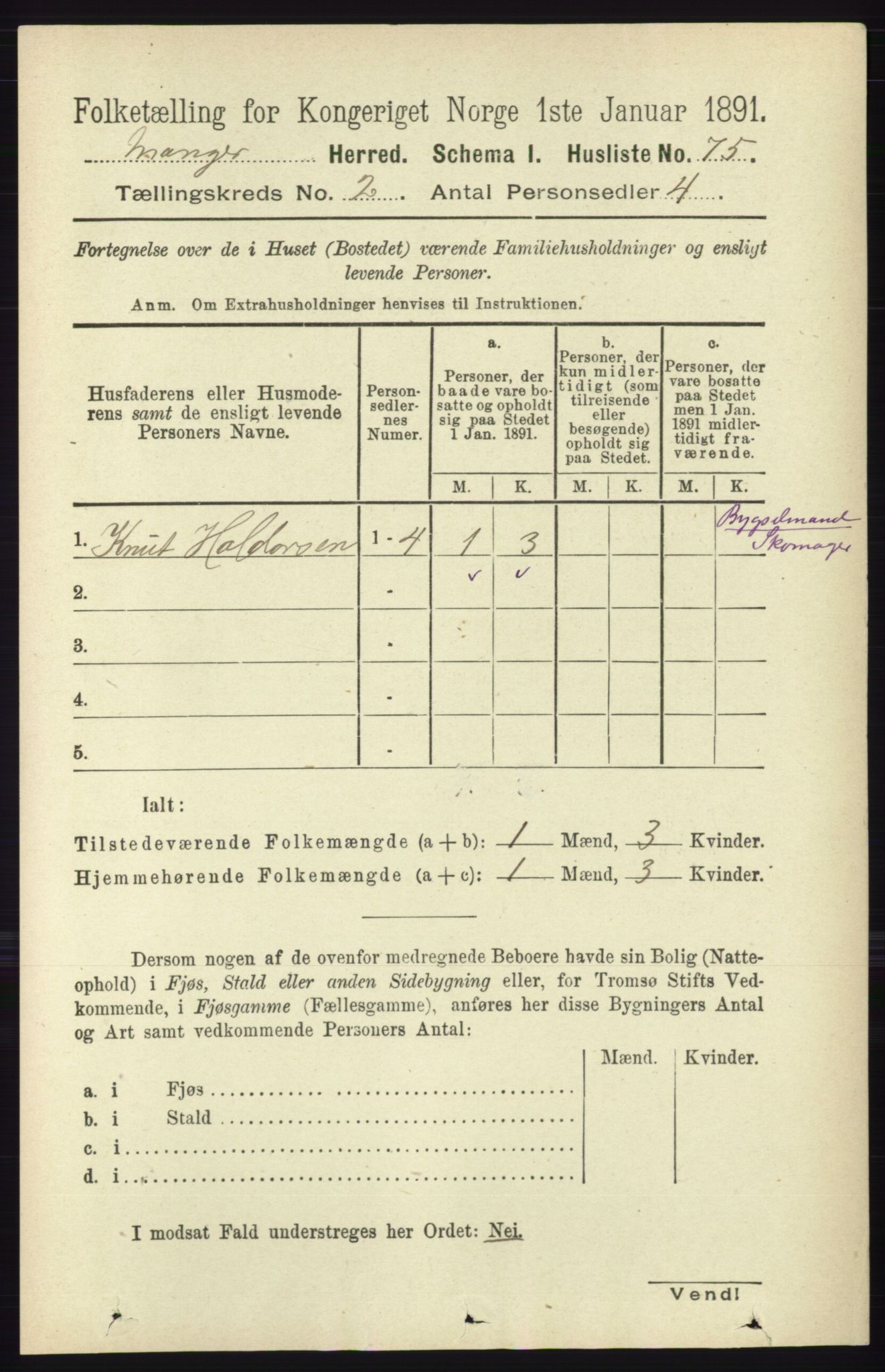 RA, 1891 census for 1261 Manger, 1891, p. 752