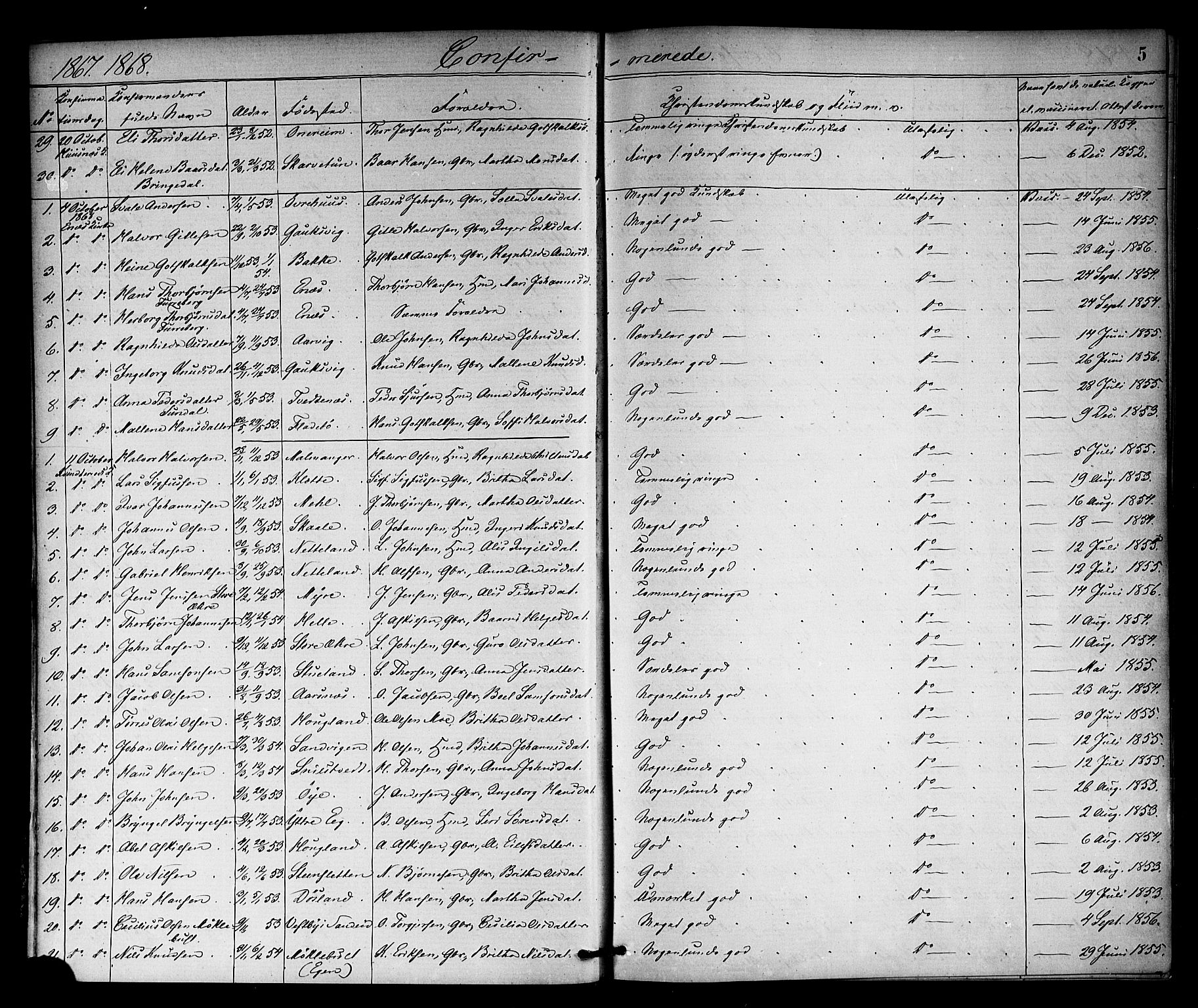 Kvinnherad sokneprestembete, SAB/A-76401/H/Haa: Parish register (official) no. A 10, 1867-1886, p. 5