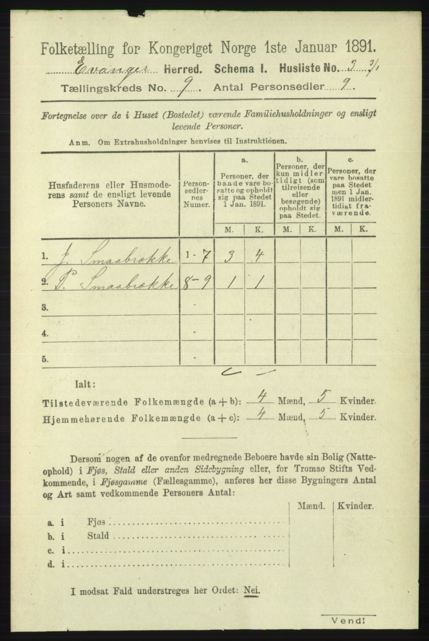 RA, 1891 census for 1237 Evanger, 1891, p. 2326