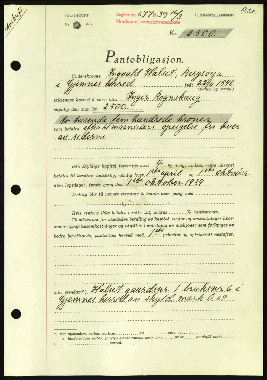 Nordmøre sorenskriveri, SAT/A-4132/1/2/2Ca: Mortgage book no. B84, 1938-1939, Diary no: : 677/1939