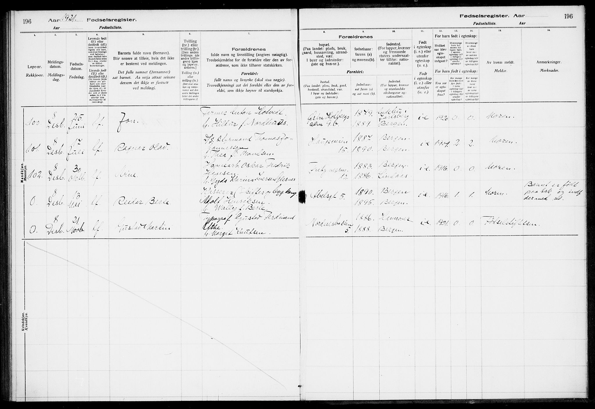 Nykirken Sokneprestembete, AV/SAB-A-77101/I/Id/L00A1: Birth register no. A 1, 1916-1922, p. 196