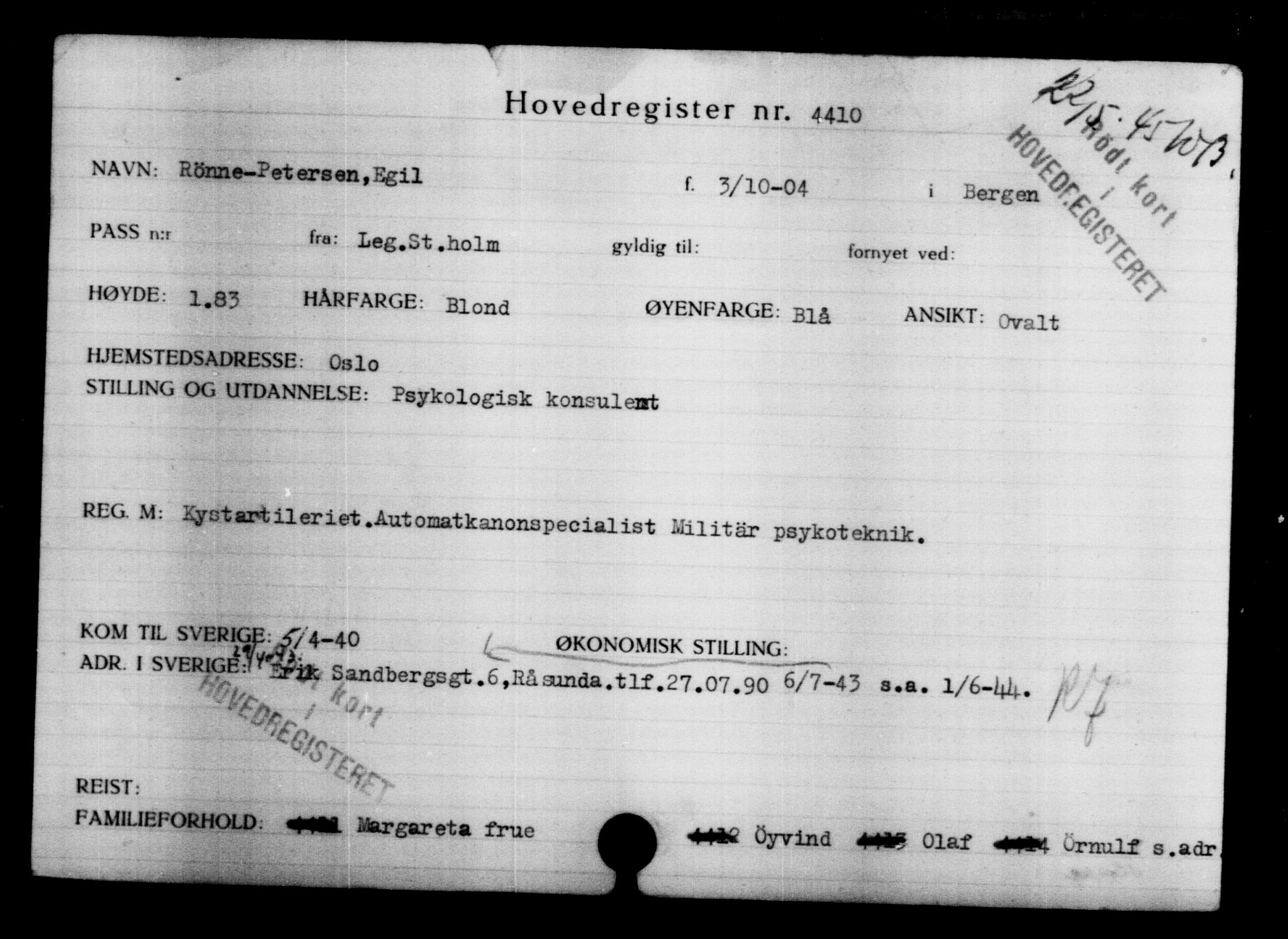 Utenriksstasjonene, Legasjonen i Stockholm, Flyktningkontoret, AV/RA-S-6753/V/Va/L0004: Kjesäterkartoteket, flyktninger med registreringsnr. 3496-6610, 1940-1945, p. 1109