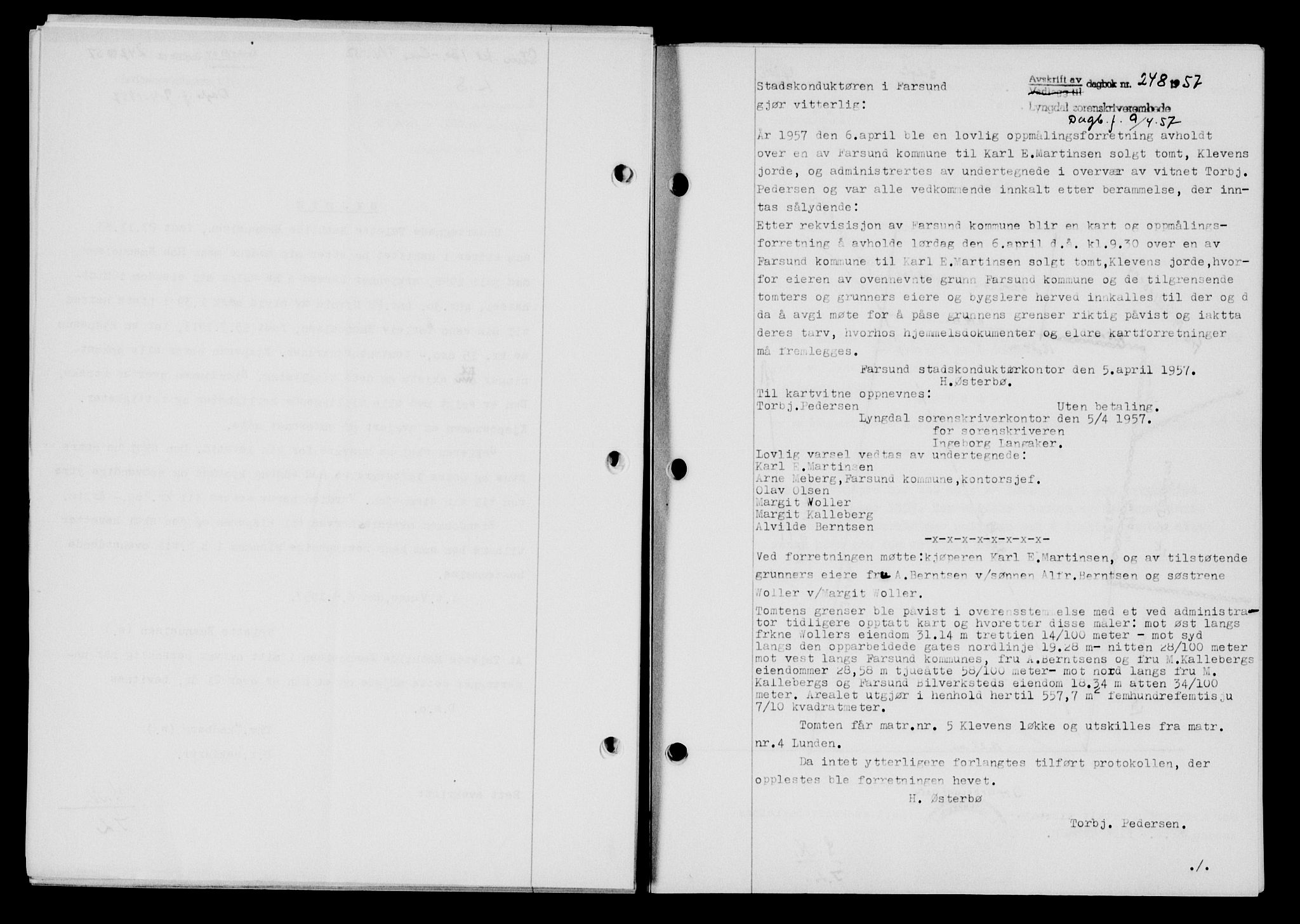 Lyngdal sorenskriveri, AV/SAK-1221-0004/G/Gb/L0676: Mortgage book no. A XXII, 1957-1957, Diary no: : 248/1957